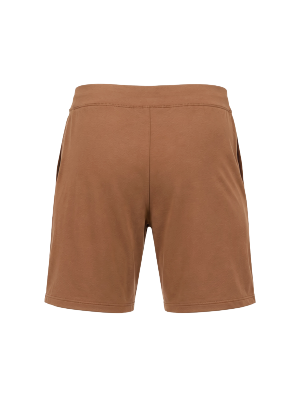 A pair of casual brown shorts with a wide elastic waistband, displayed on a clean white background.