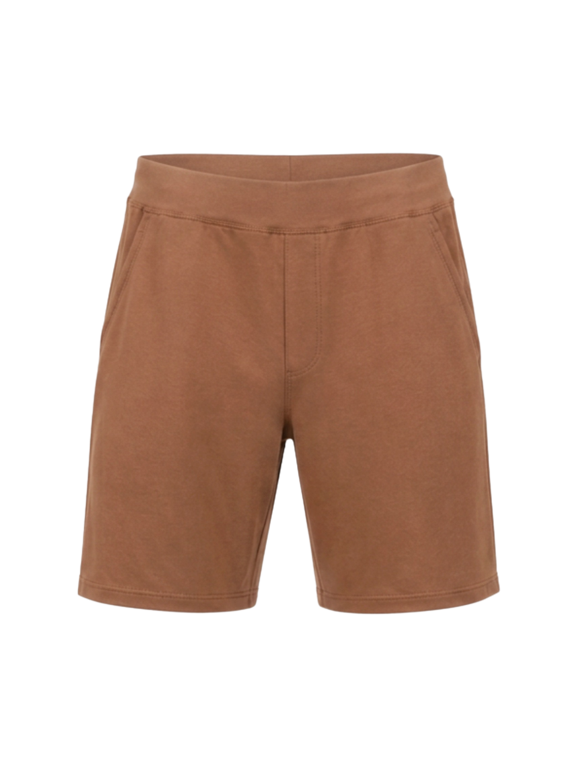 A pair of casual brown shorts with a wide elastic waistband, displayed on a clean white background.