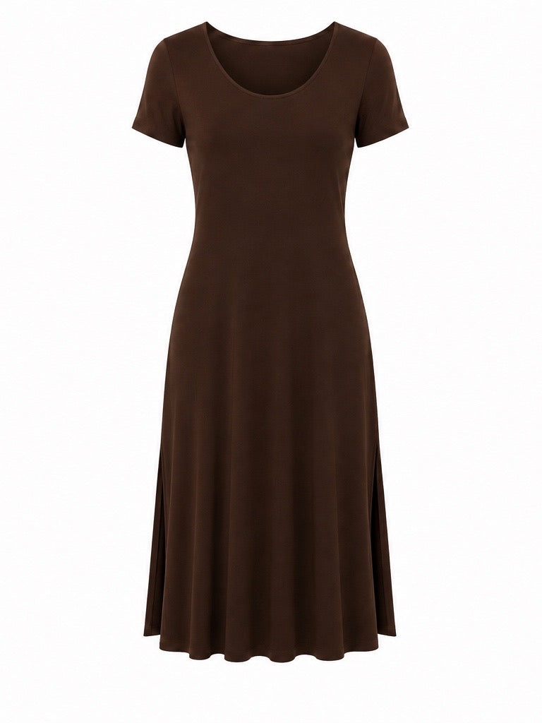 Bamboo Short Slv Scoop Neck Midi Dress - Cocoa