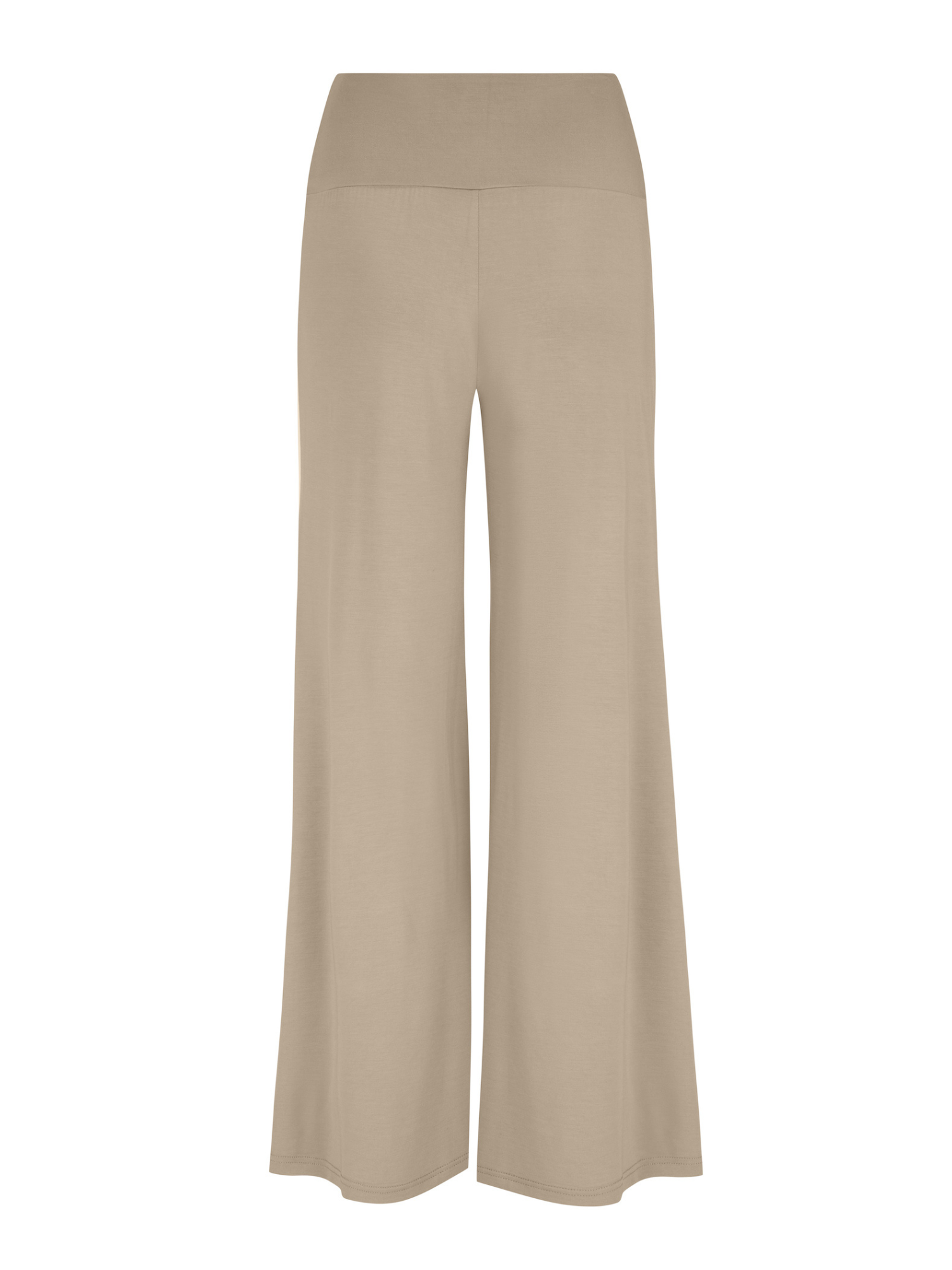 Caramel full length palazzo pants, fitted waist and hips with flowing wide leg, adjustable high waistband, women's bamboo clothing