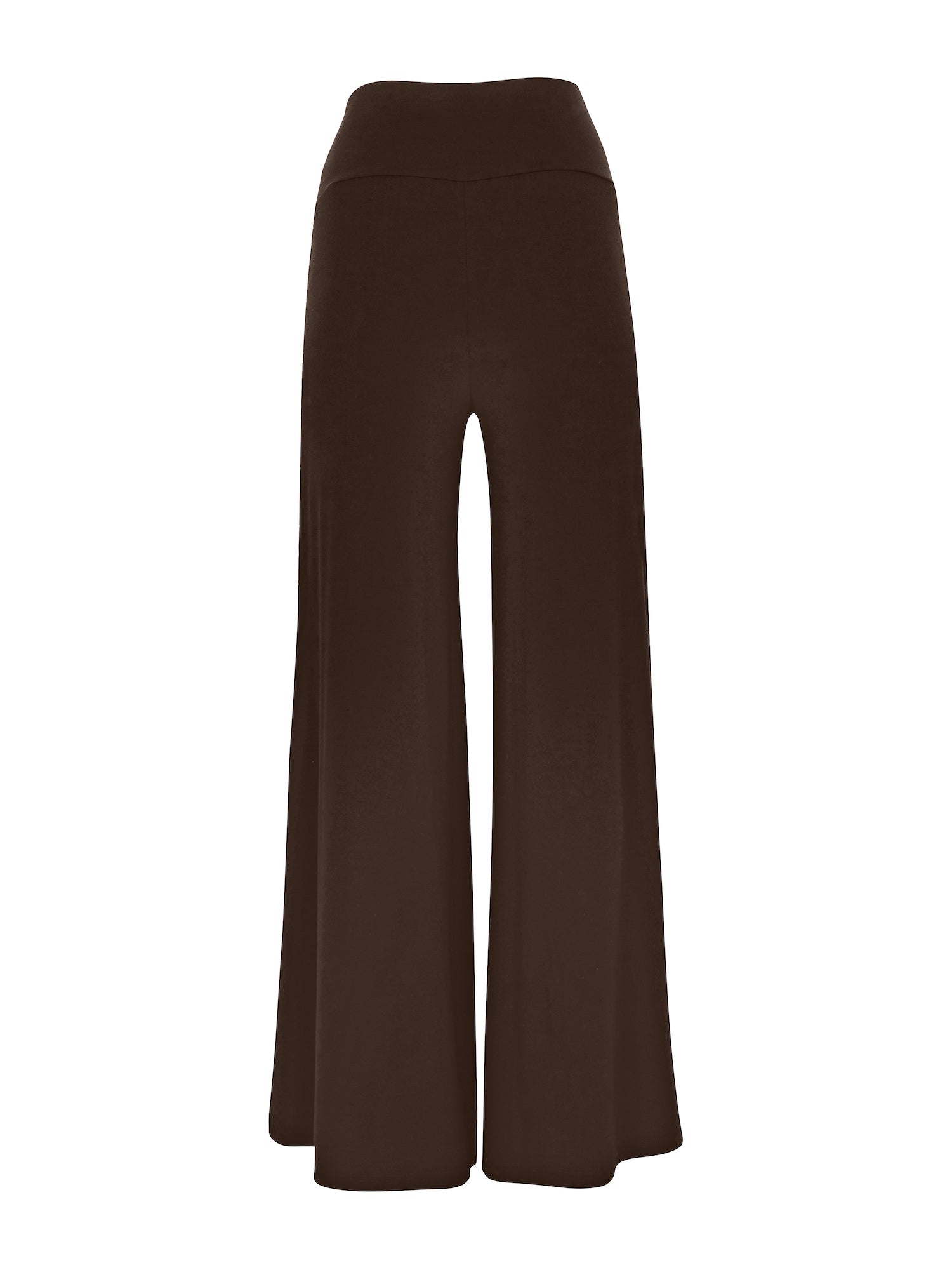 cocoa brown full length palazzo pants, fitted waist and hips with flowing wide leg, adjustable high waistband, women's bamboo clothing