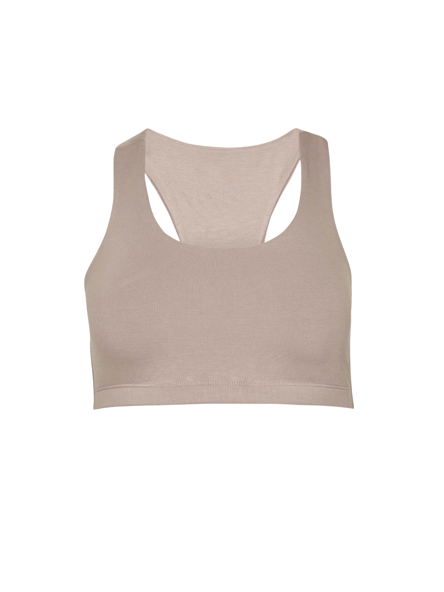 Bamboo beige caramel coloured racer back sports bra on a white background