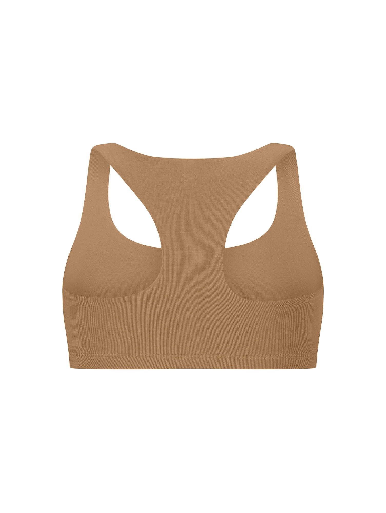 Toffee brown racer back sports bra on a white background
