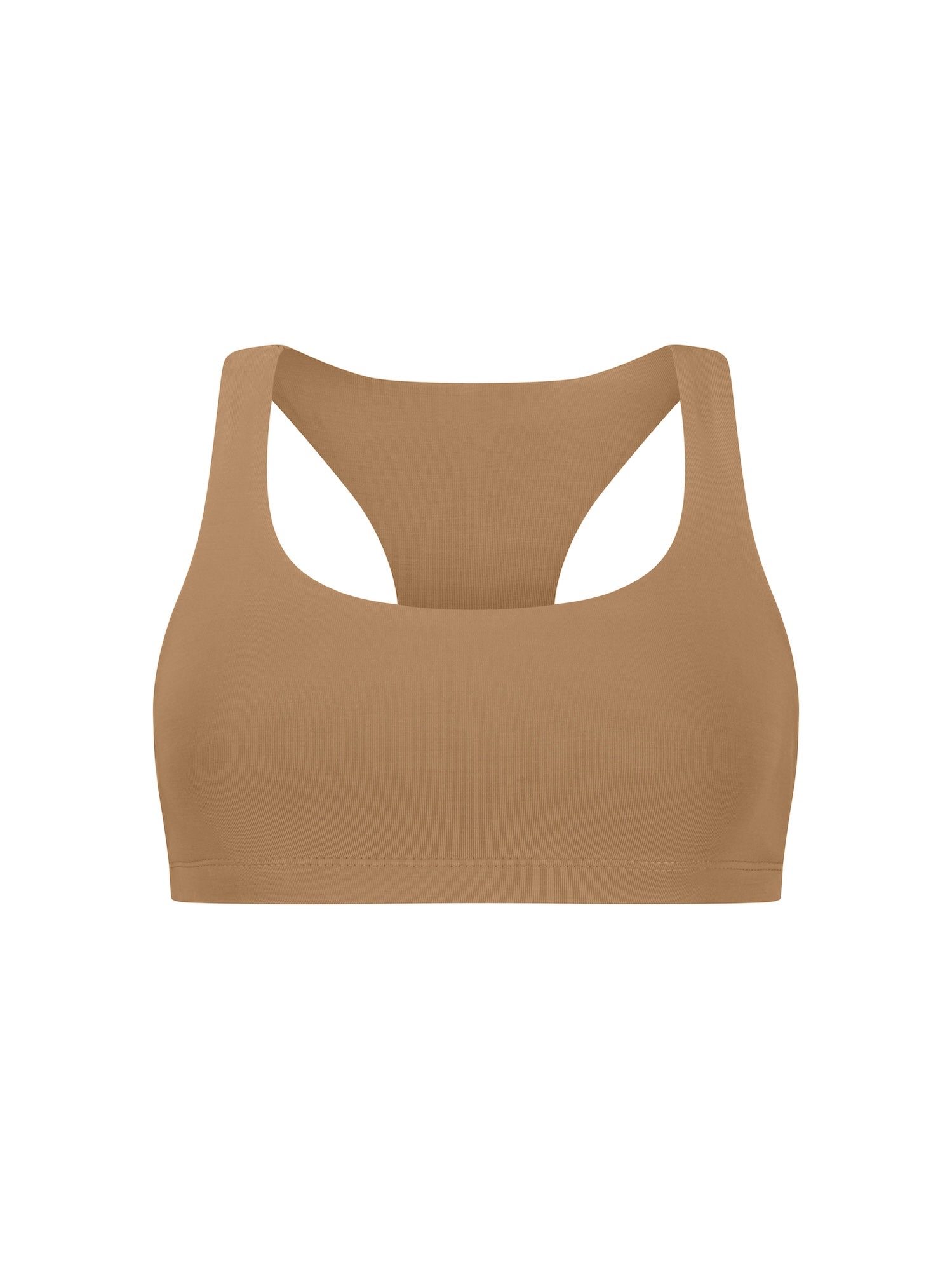 Toffee brown racer back sports bra on a white background