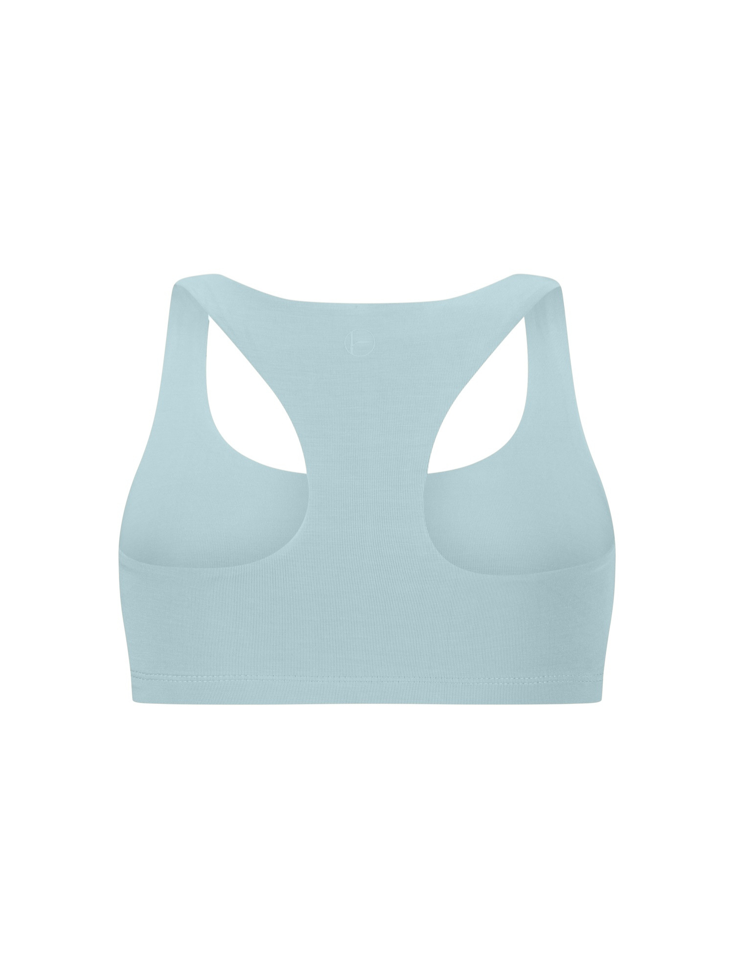 Topaz blue bamboo racer back sports bra on a white background