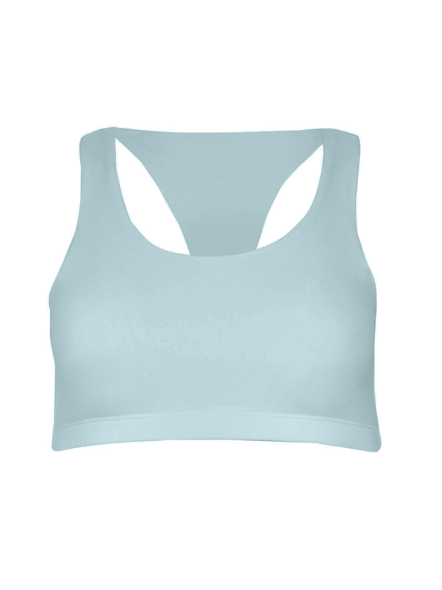 Bamboo light topaz blue racer back sports bra on a white background