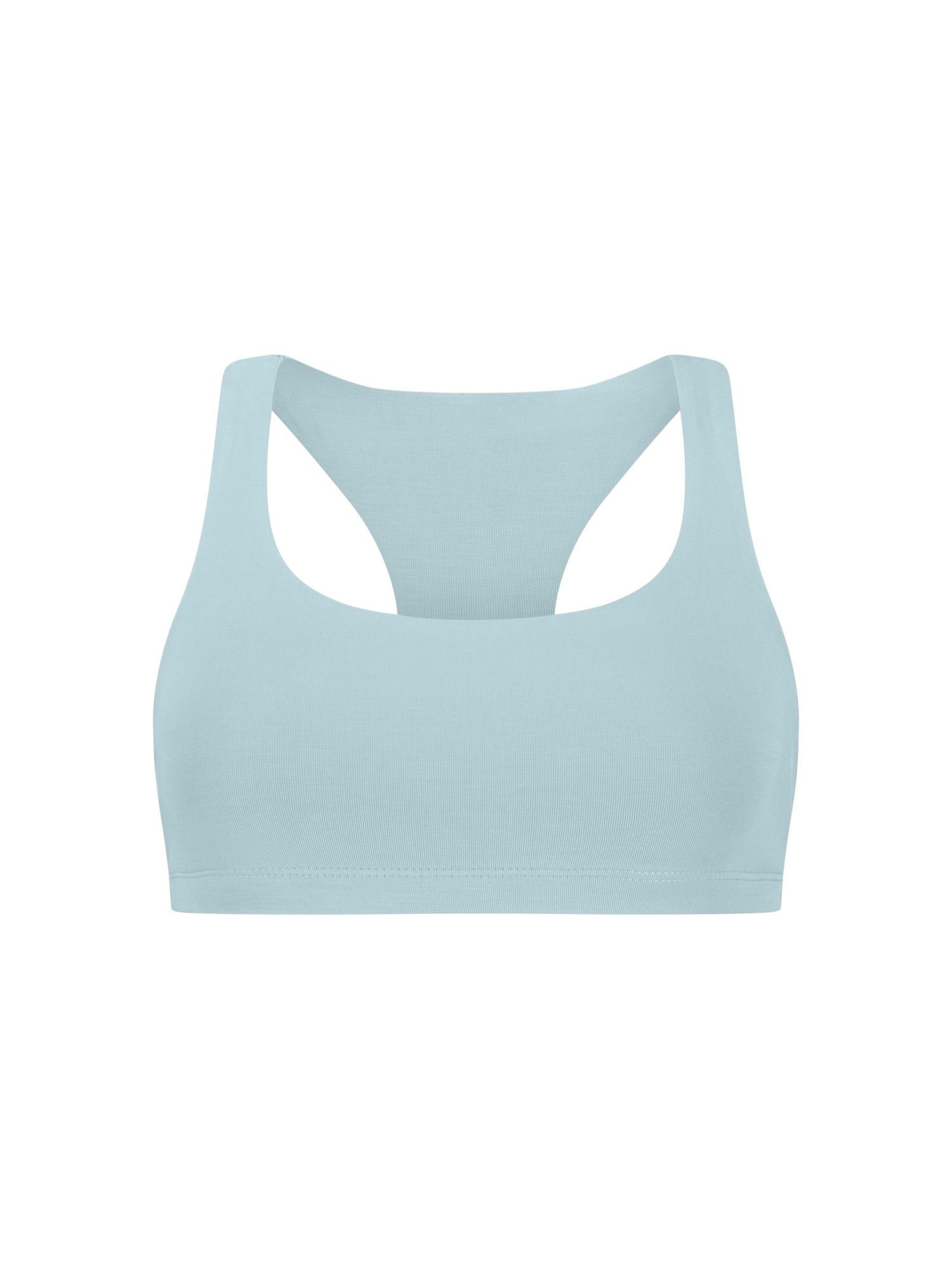 Topaz blue bamboo racer back sports bra on a white background