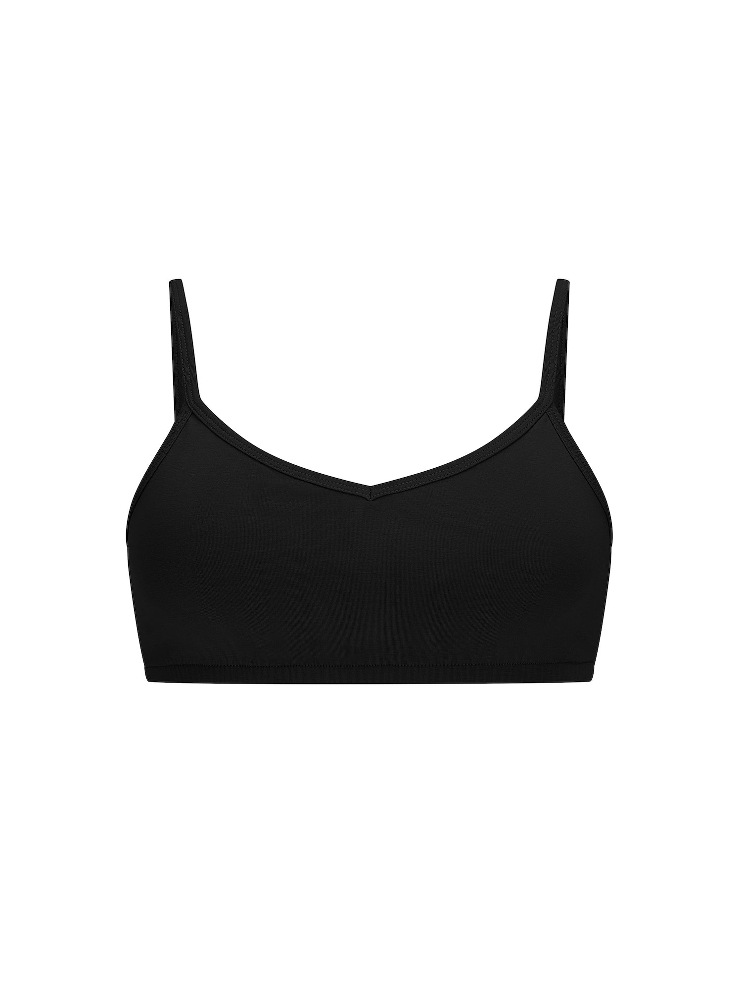 Black wireless yoga bra, subtle v front, soft cup bralette with adjustable camisole straps, women's bamboo underwear