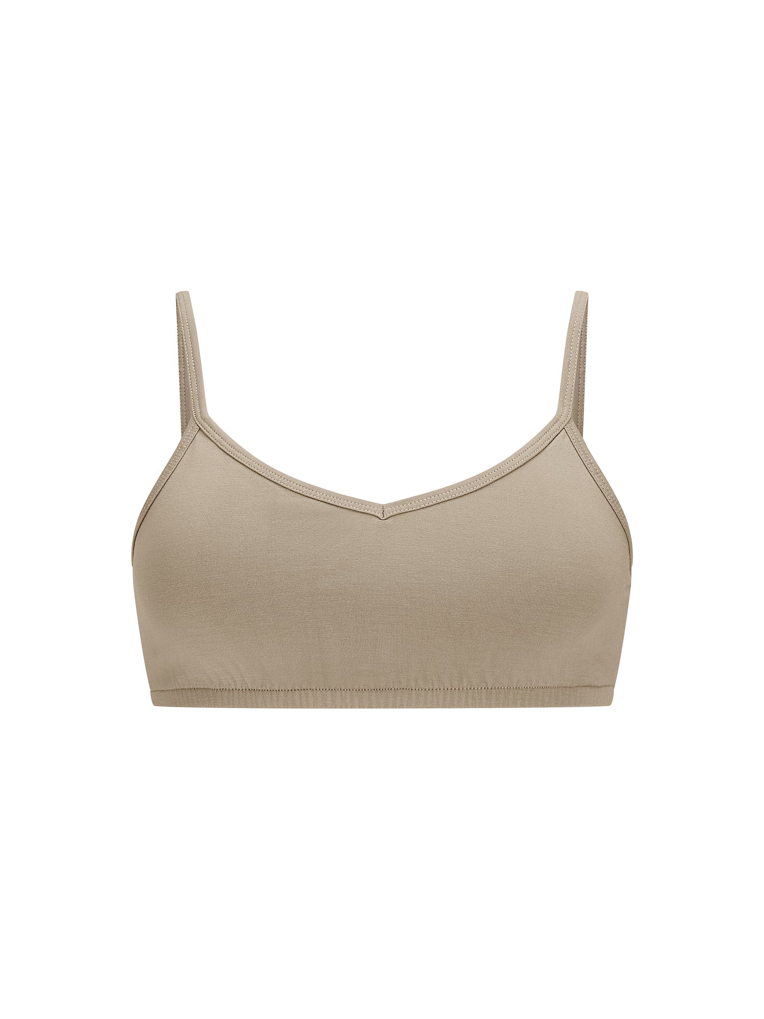 Caramel wireless yoga bra, subtle v front, soft cup braelette with adjustable camisole straps, women's bamboo underwear