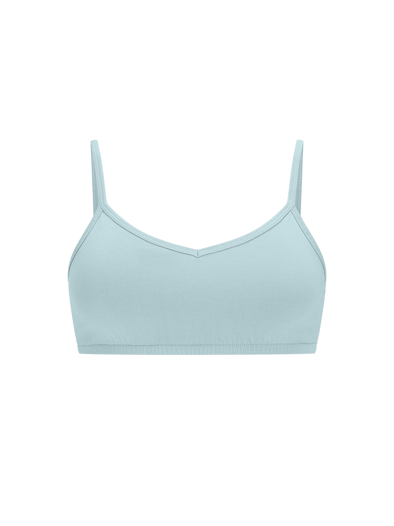 light topaz blue wireless yoga bra, subtle v front, soft cup bralette with adjustable camisole straps, women's bamboo underwear