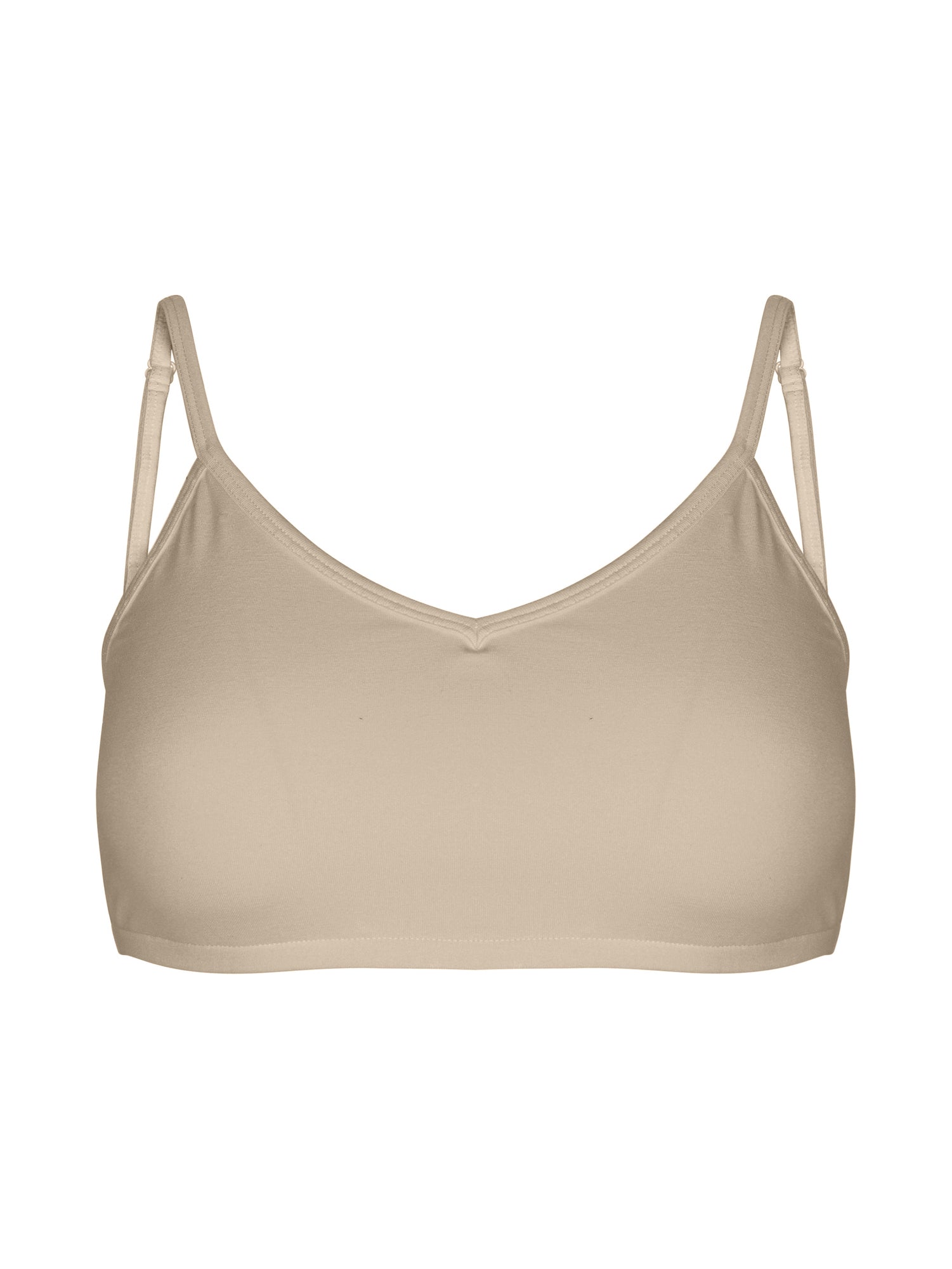 Caramel wireless yoga bra, subtle v front, soft cup bralette with adjustable camisole straps, women's bamboo underwear