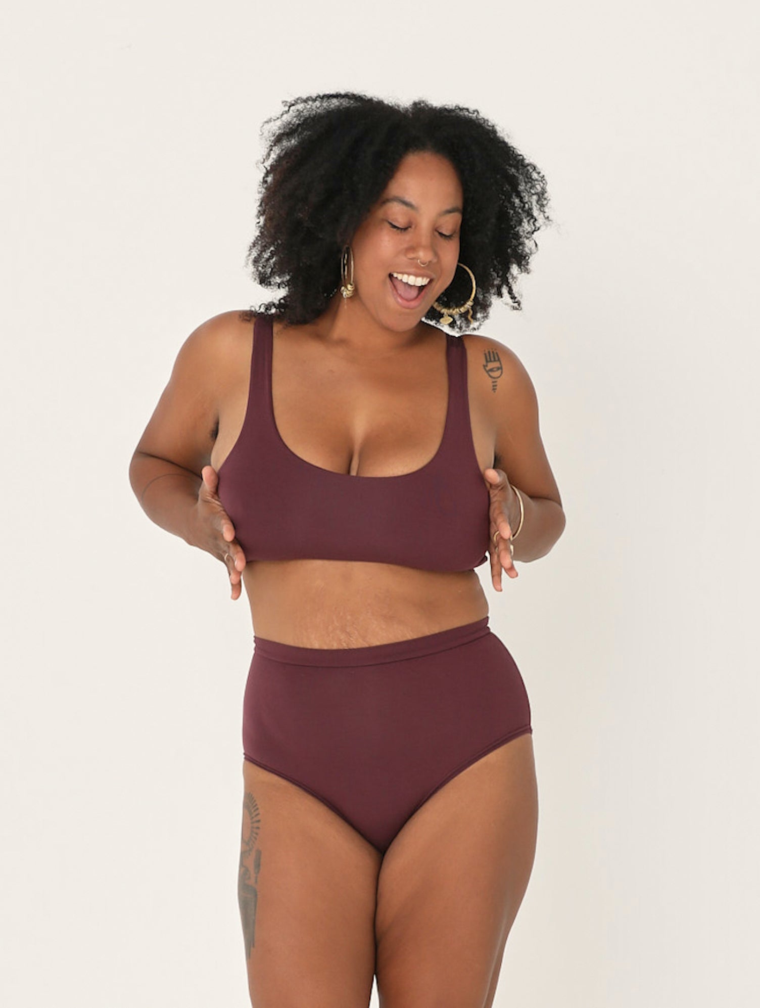 model wearing aubergine maroon bamboo reversible wireless bra with matching high waisted full brief undies, women's bamboo clothing