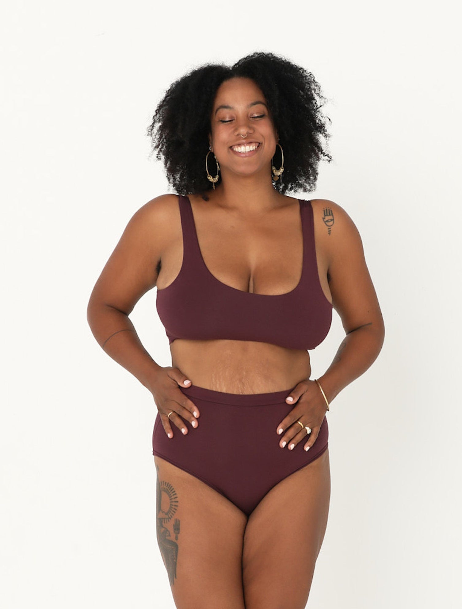 model wearing aubergine maroon bamboo reversible wireless bra with matching high waisted full brief undies, women's bamboo clothing