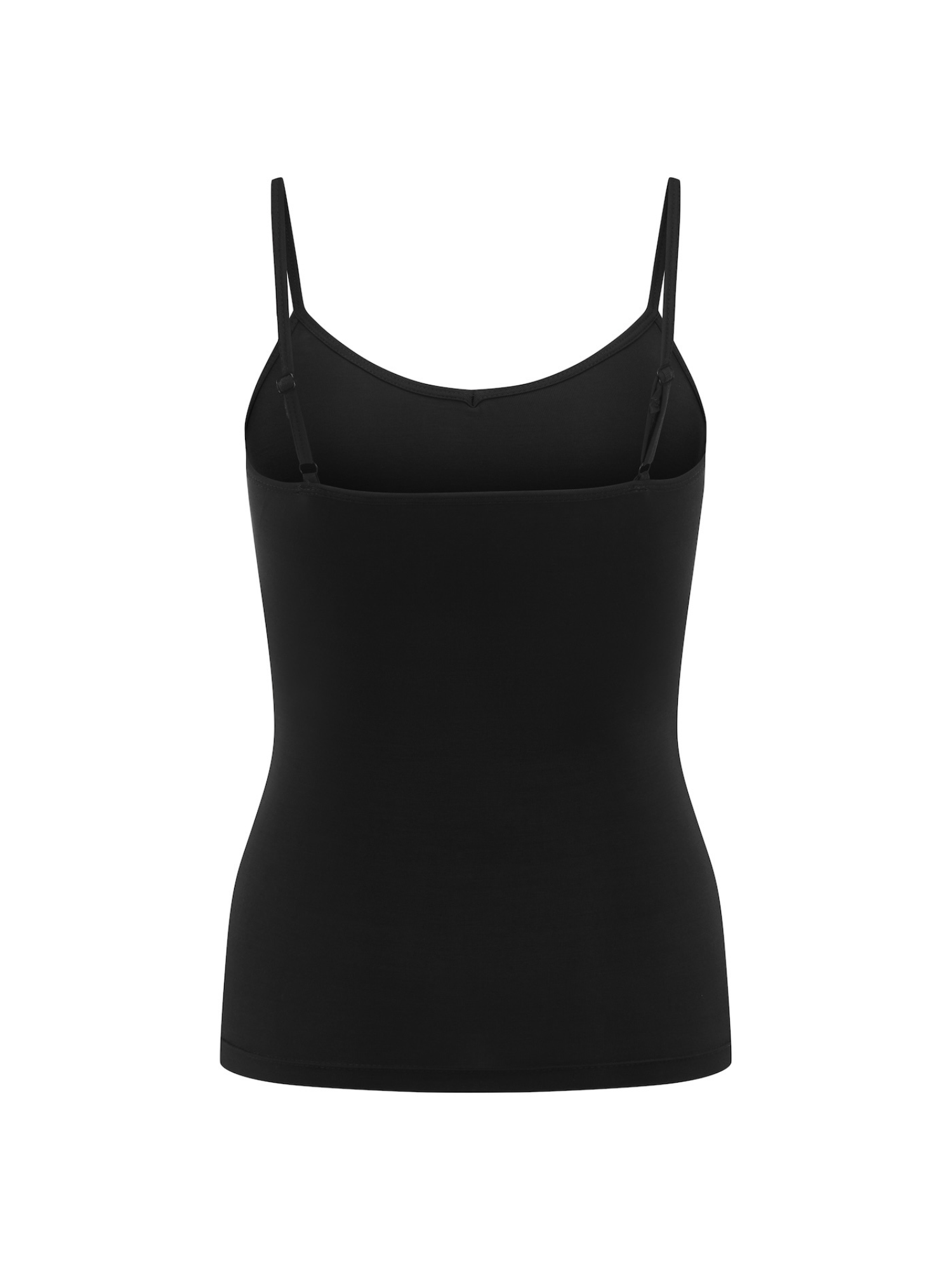 Black spaghetti strap bamboo singlet on a white background