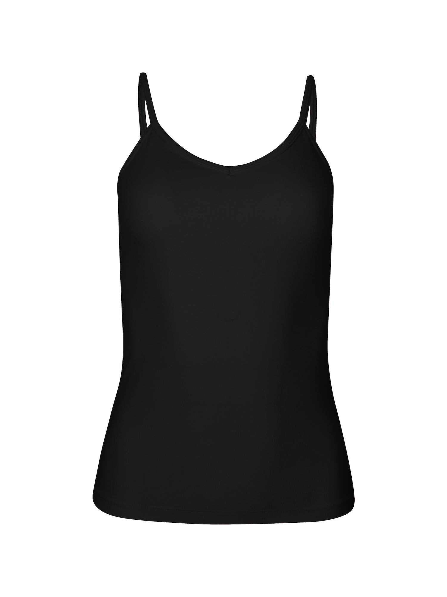 black body singlet with in-built bralette, subtle v front and adjustable straps, women's bamboo clothing