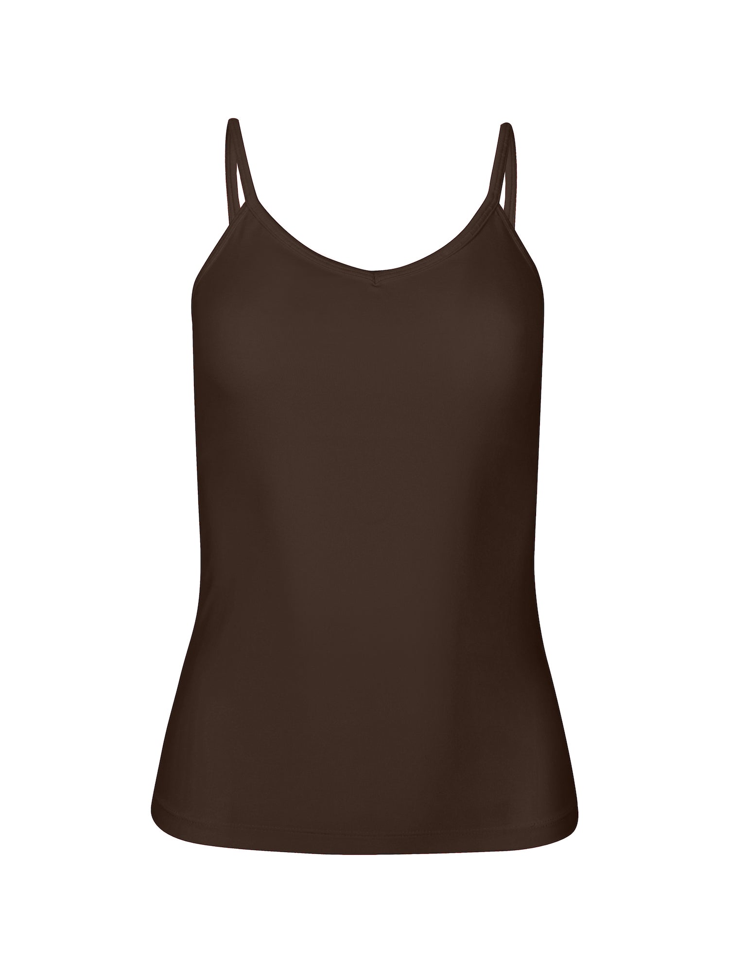 cocoa brown body singlet with in-built bralette, subtle v front and adjustable straps, women's bamboo clothing