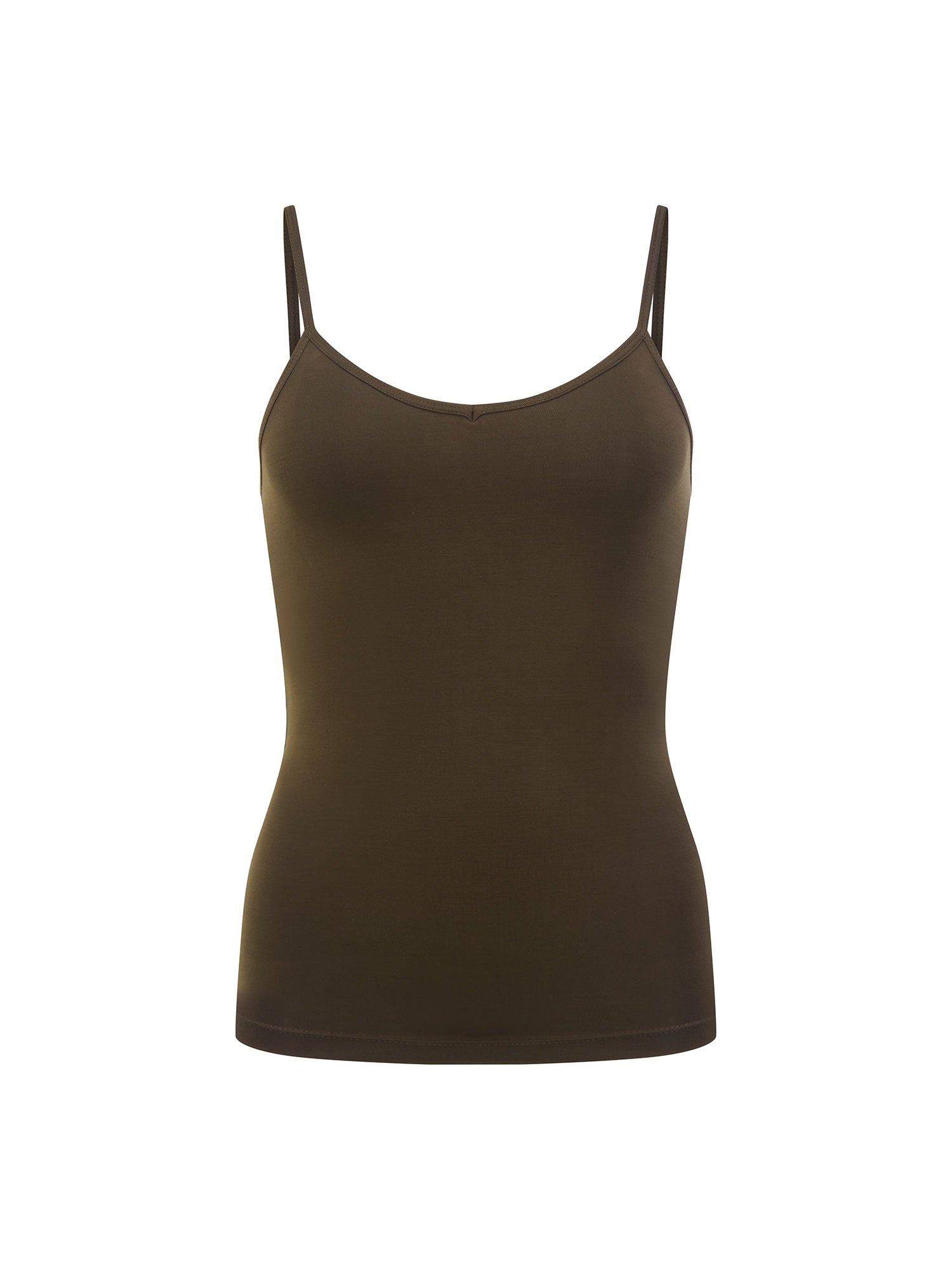 Bamboo cocoa brown body singlet with in-built bralette, subtle v front and adjustable straps, women's bamboo clothing on white background