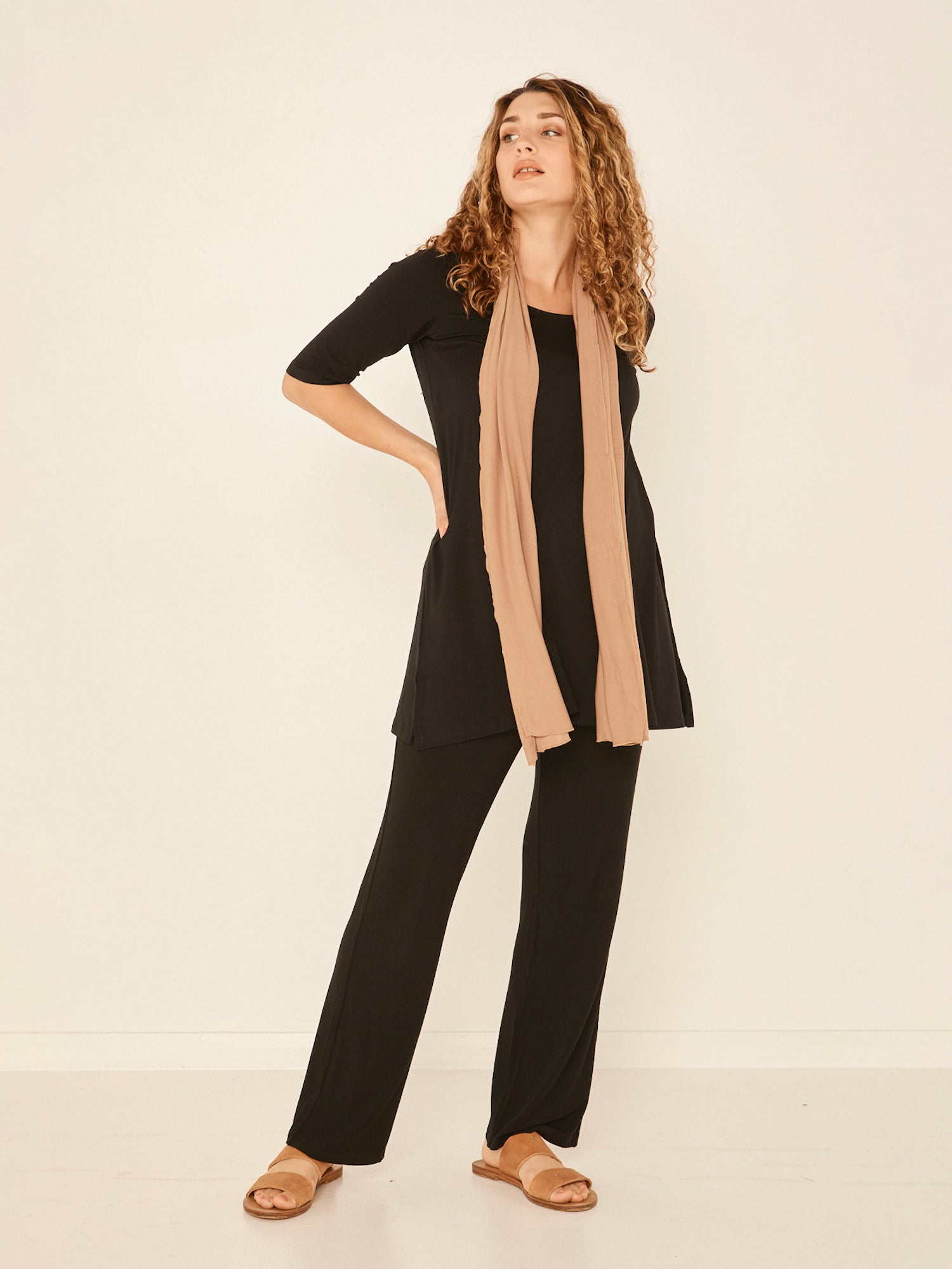 Model wearing caramel brown scarf or shawl, women's bamboo clothing accessories