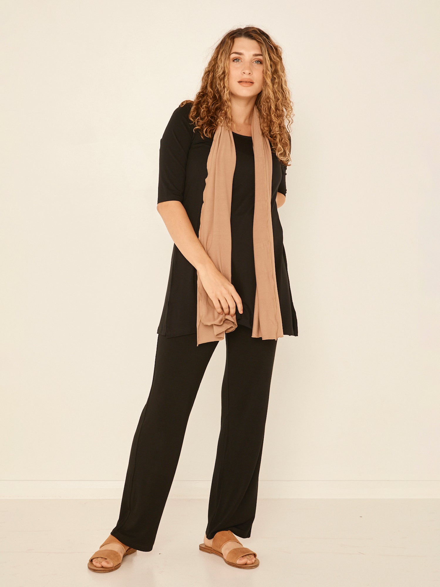 Model wearing caramel brown scarf or shawl, women's bamboo clothing accessories