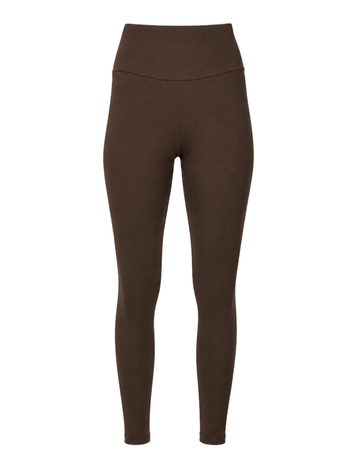 A pair of high-waisted, full-length leggings in a solid dark brown color, shown against a plain white background.