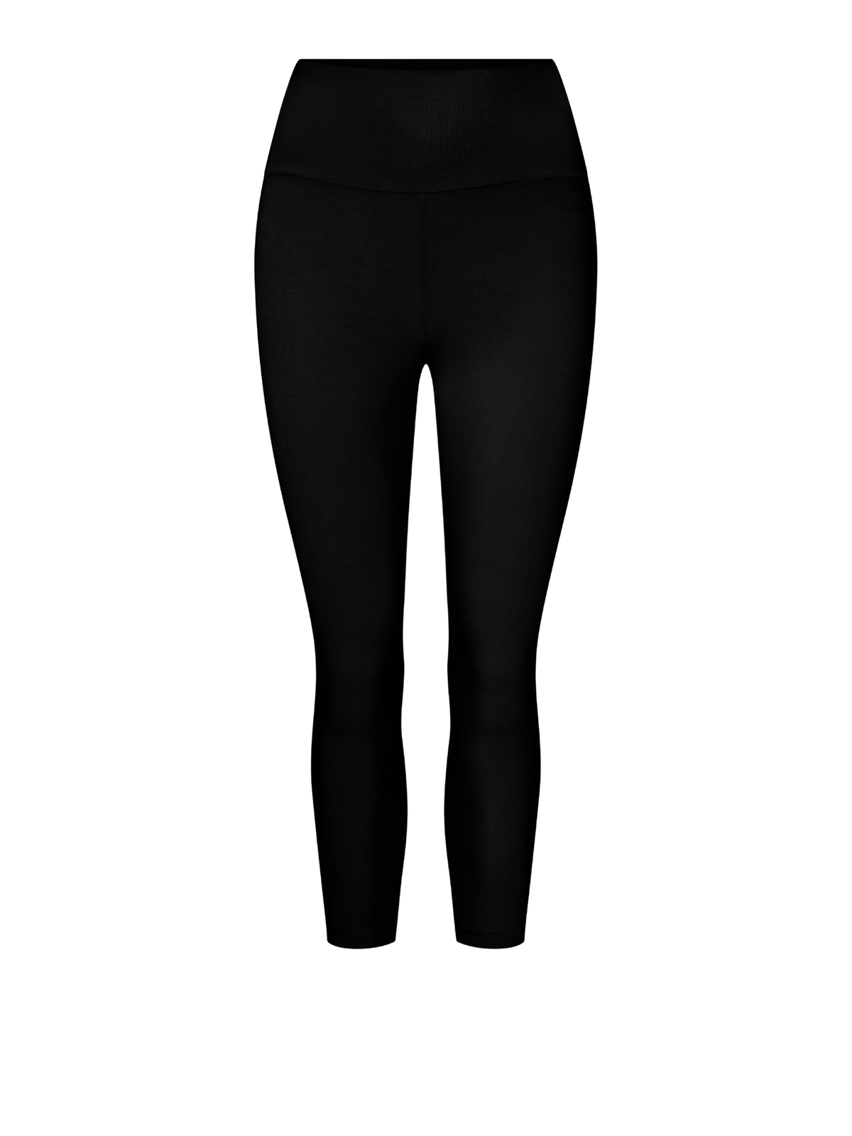 A pair of high-waisted, 3/4  length leggings in black shown on a plain white background.