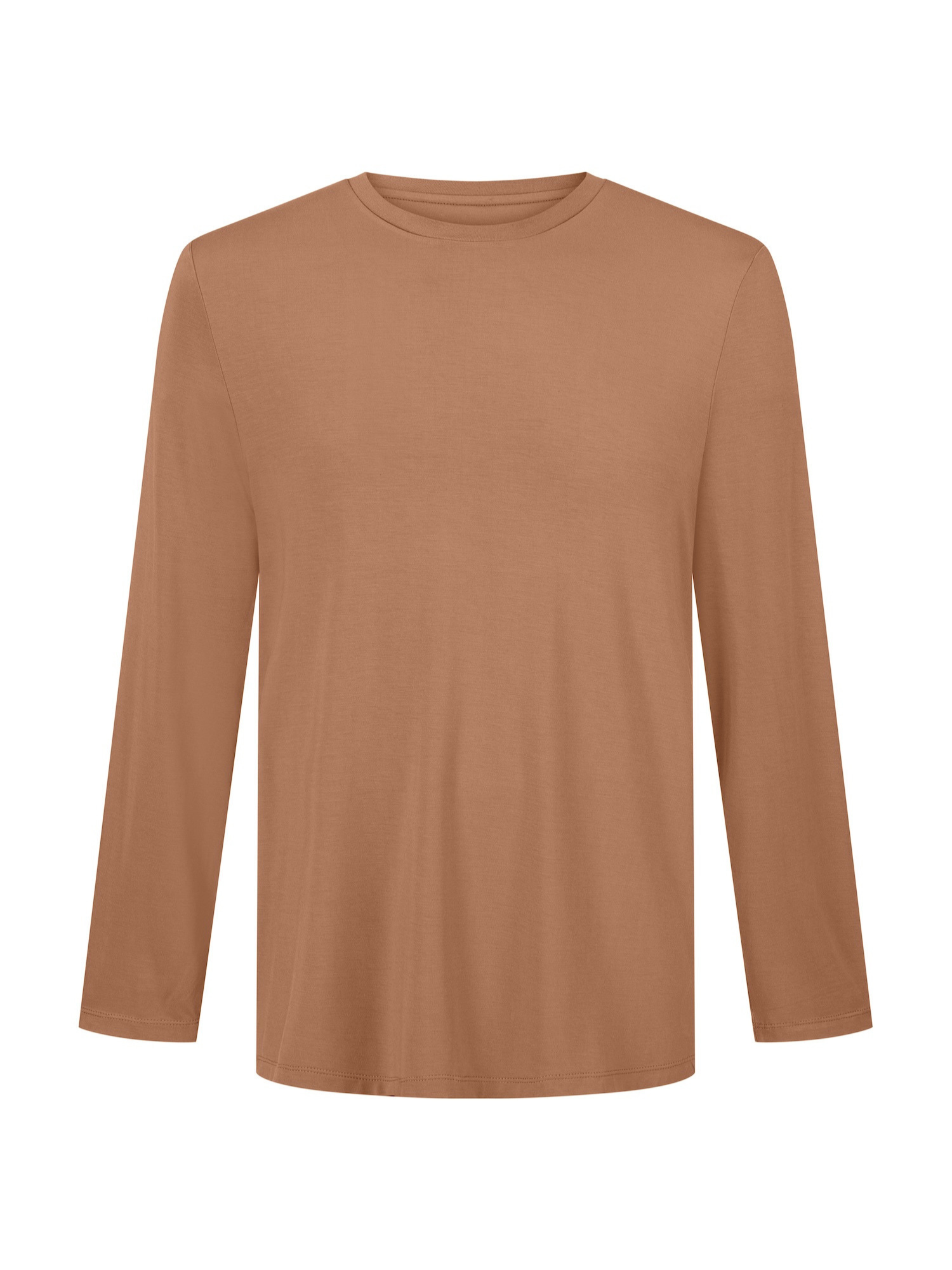 A long-sleeve crewneck t-shirt in a solid warm tan brown camel color, shown against a plain white background.