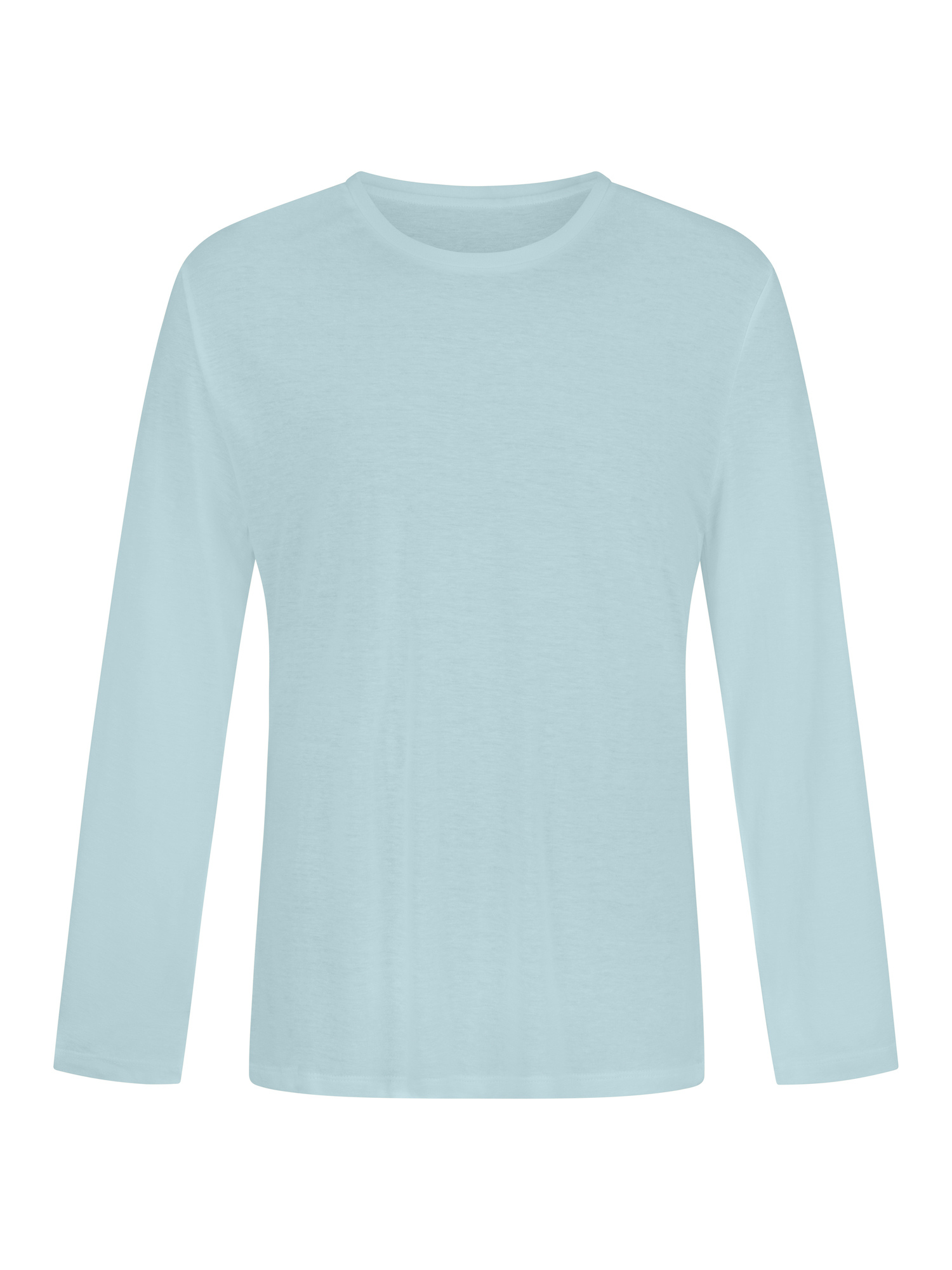 A light blue long-sleeve crewneck t-shirt displayed flat against a solid white background.