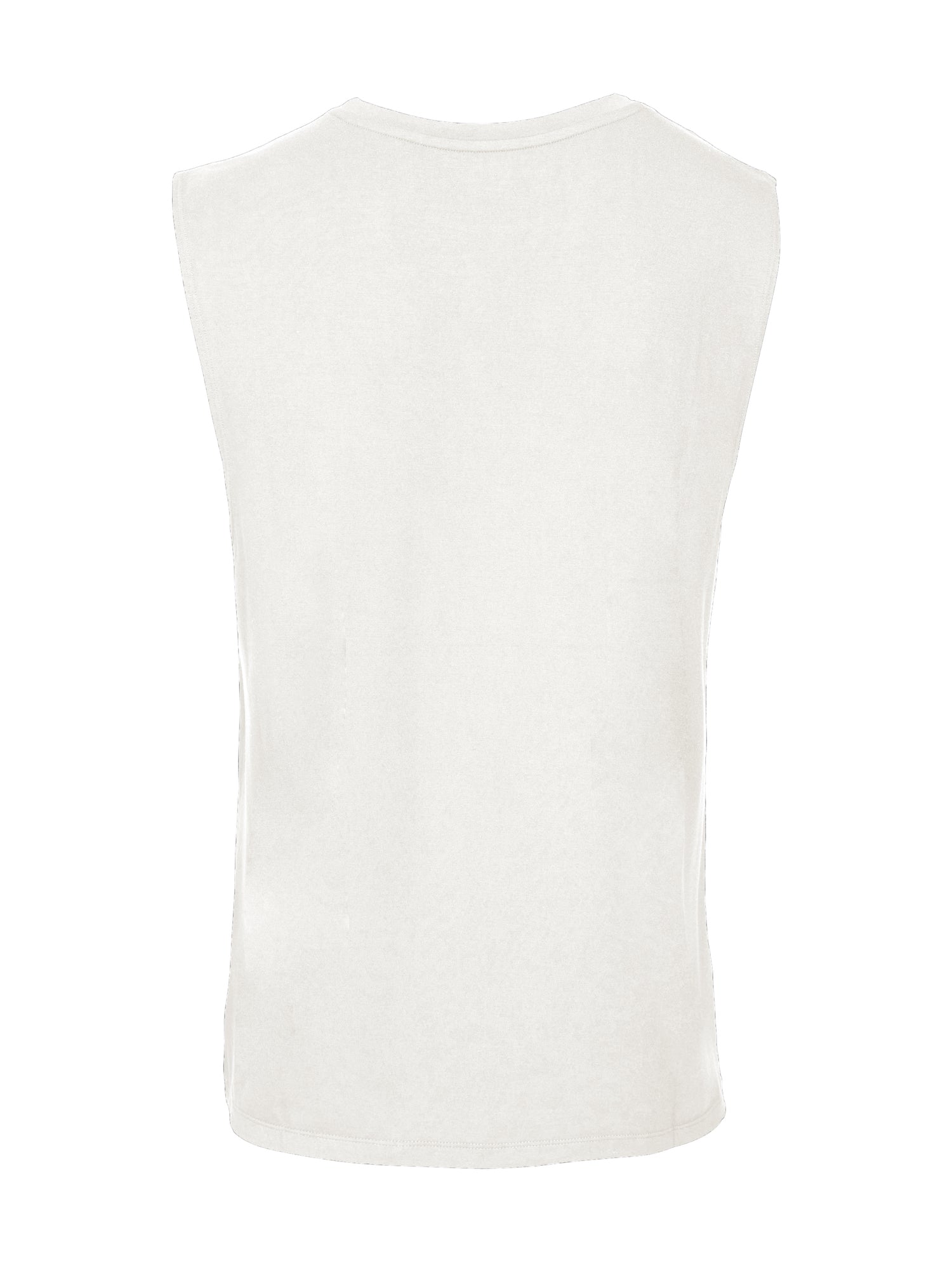 Male model wearing cream generous classic fit tank singlet, soft neckband, crew neckline, sleeveless, men's bamboo clothing