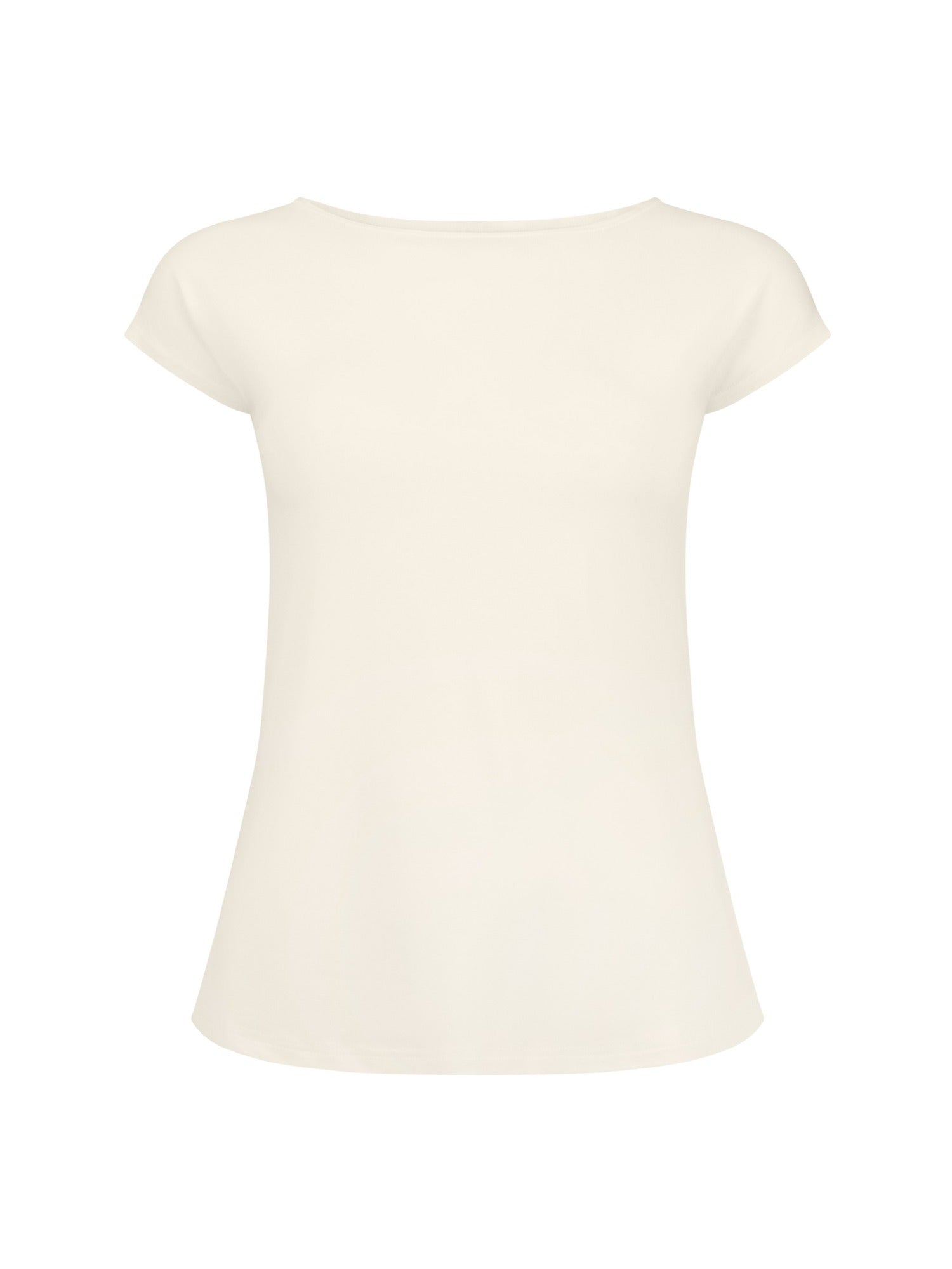 Cream boat neck t-shirt with capped sleeves, fitted through shoulders and chest with loose fit to waist, women's bamboo clothing