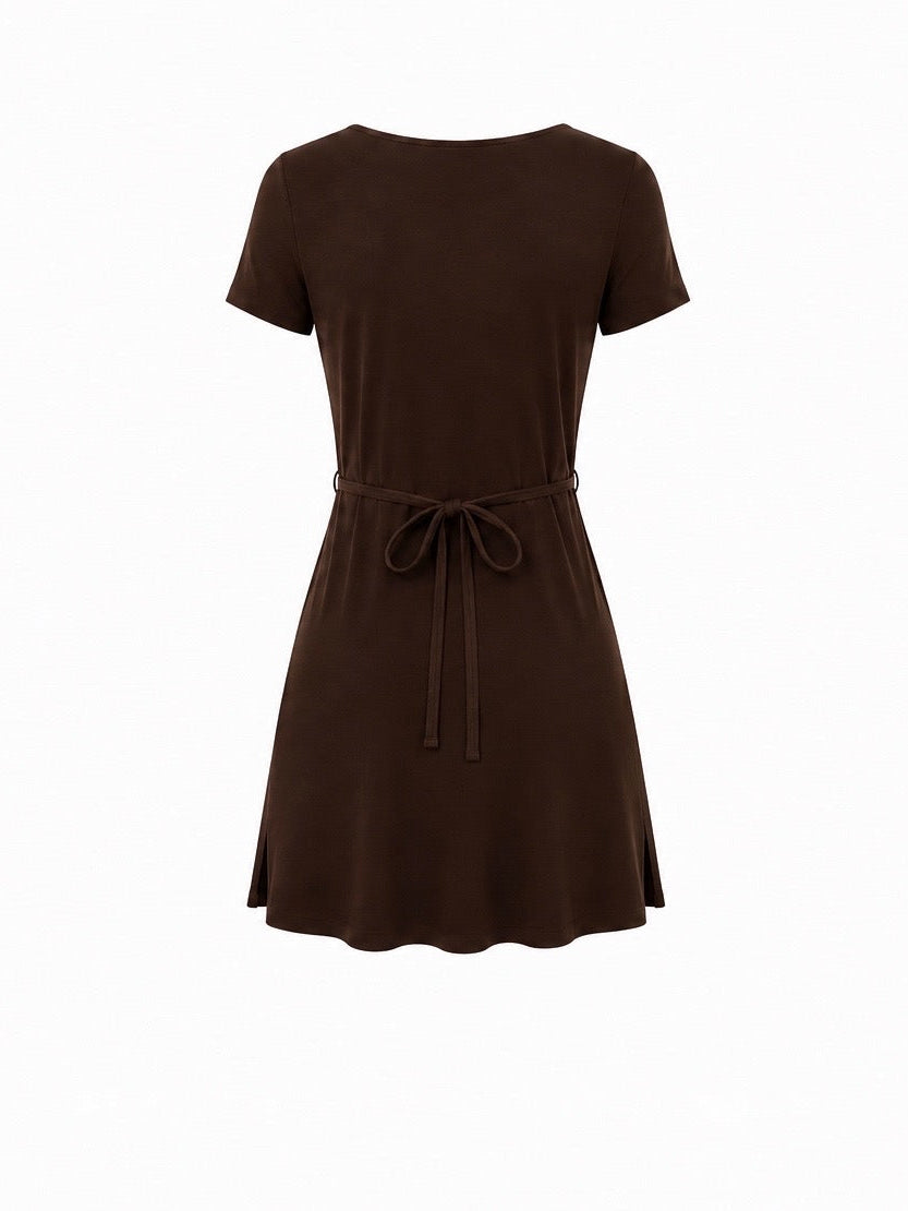 Bamboo Short Slv Scoop Neck Mini Dress - Cocoa