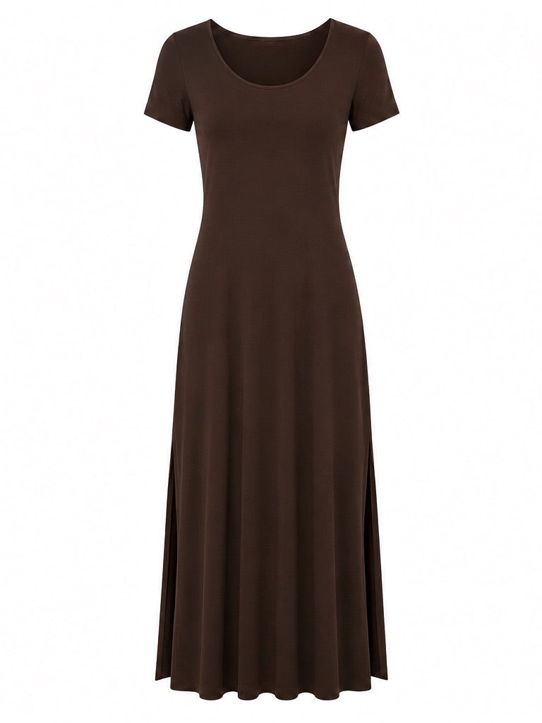 Bamboo Short Slv Scoop Neck Maxi Dress - Cocoa