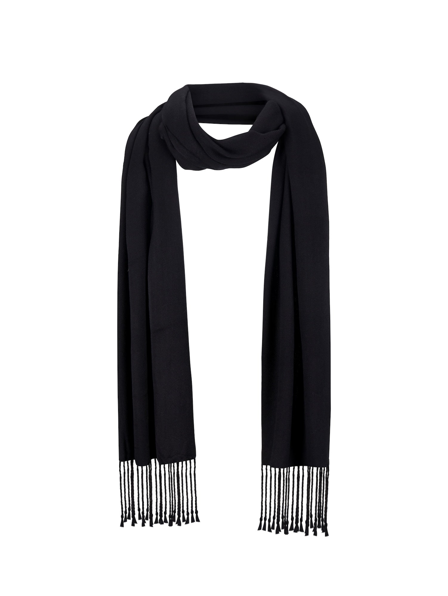 Black scarf with fringe details on a white background