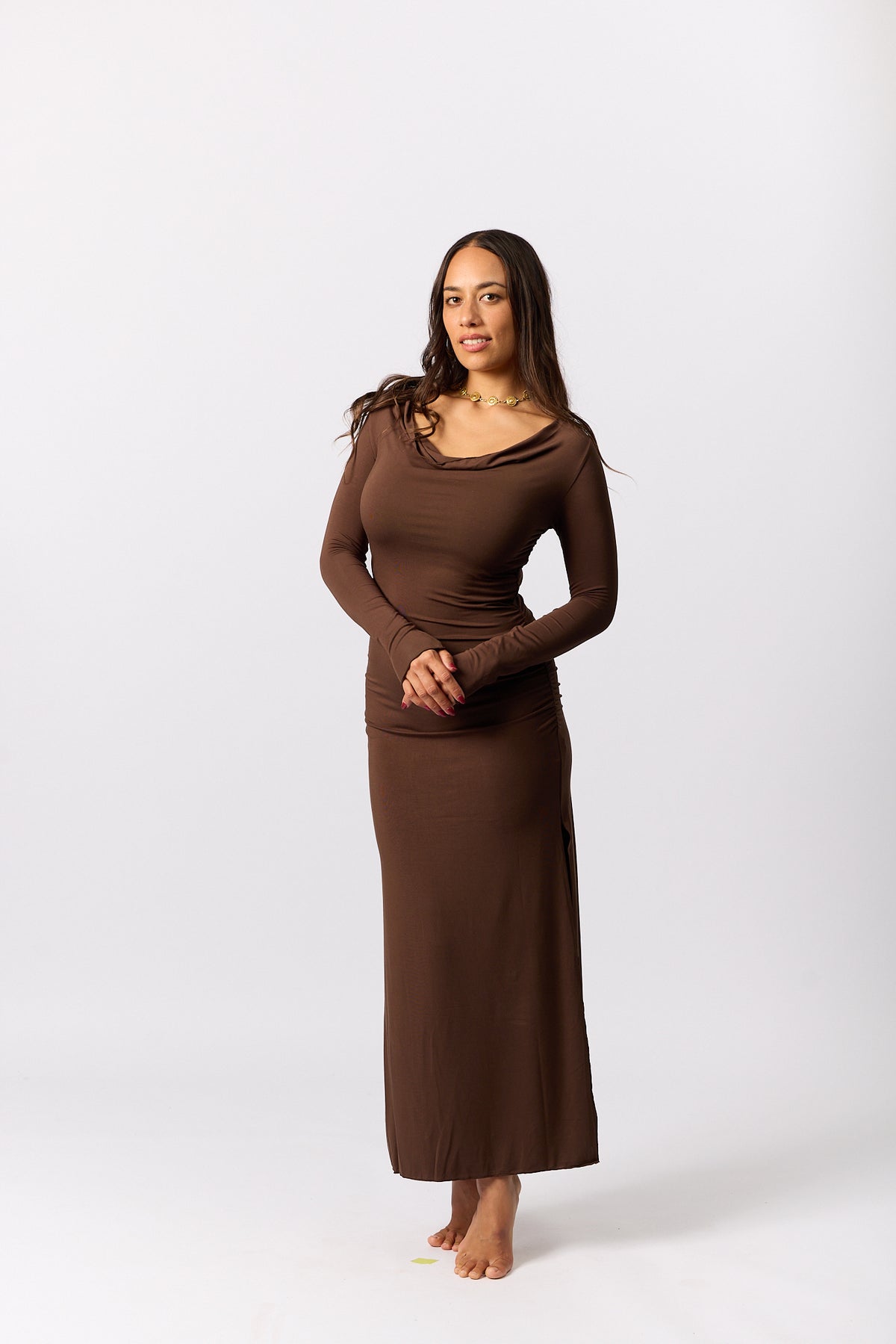 Bamboo Long Sleeve Cowl Neck Maxi Dress - Cocoa