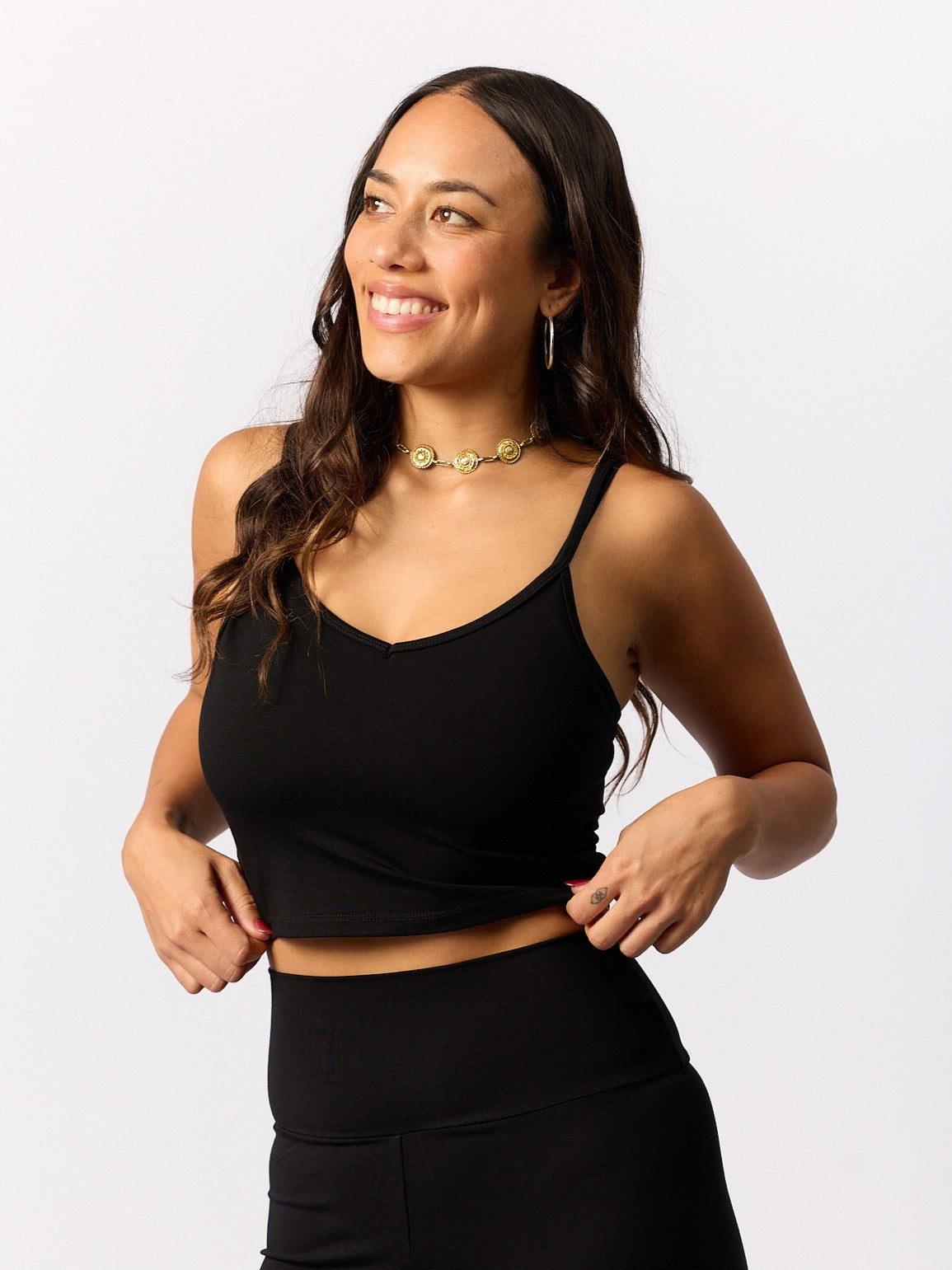 Bamboo Crop Layering Singlet Adjustable Strap - Black