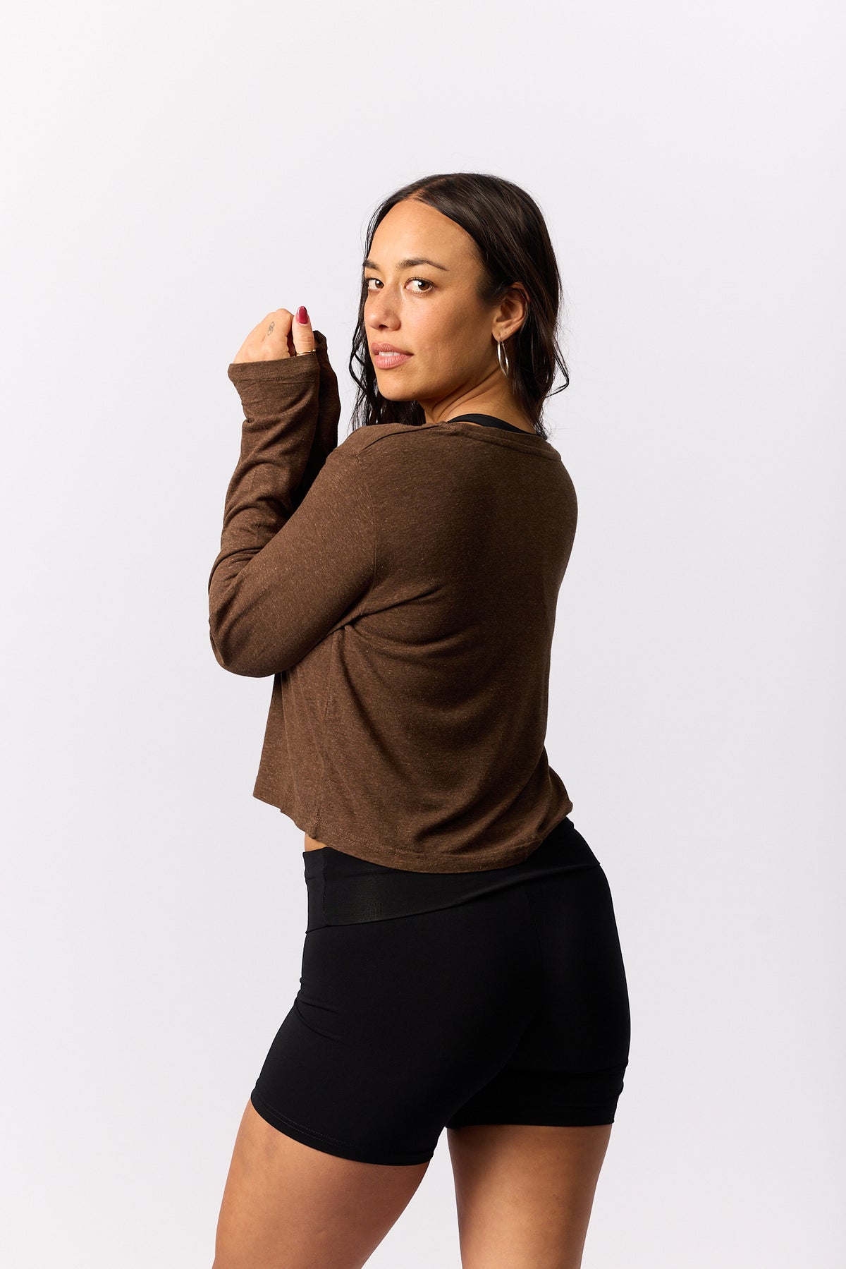 Hemp/Bamboo Relaxed Long Sleeve Crew Tee - Crop - Cocoa