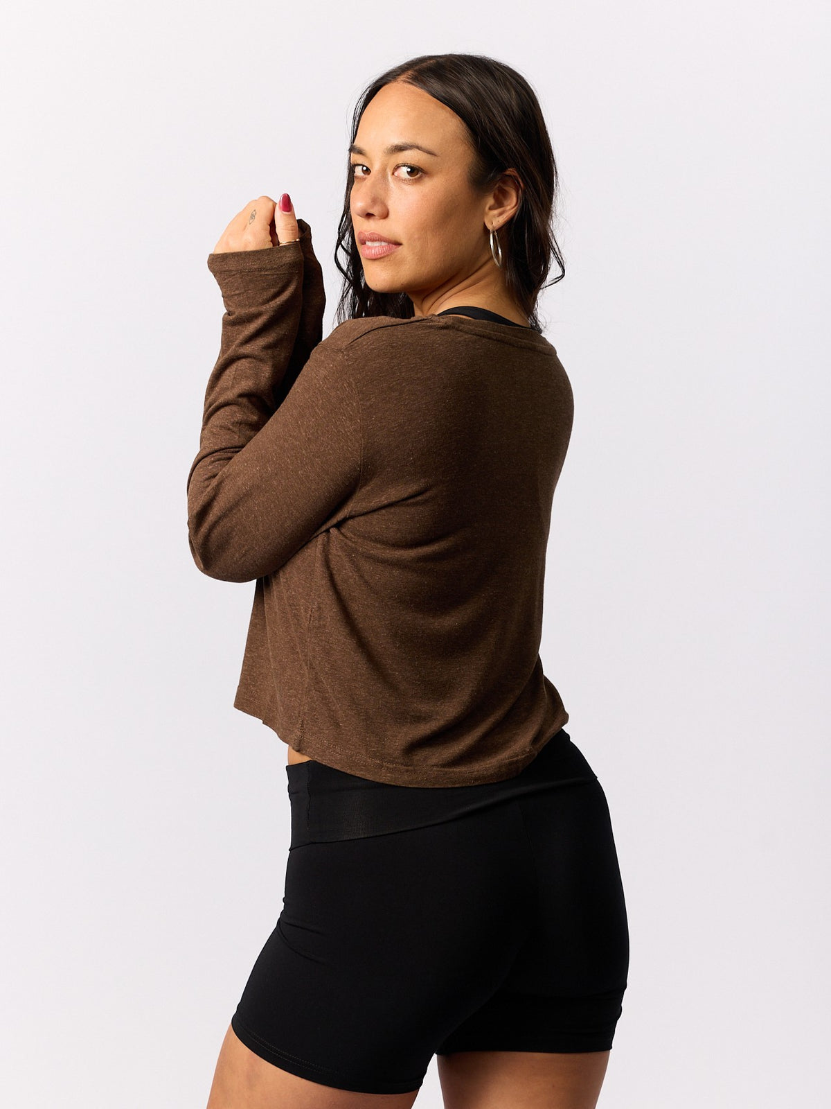 Hemp/Bamboo Relaxed Long Sleeve Crew Tee - Crop - Cocoa