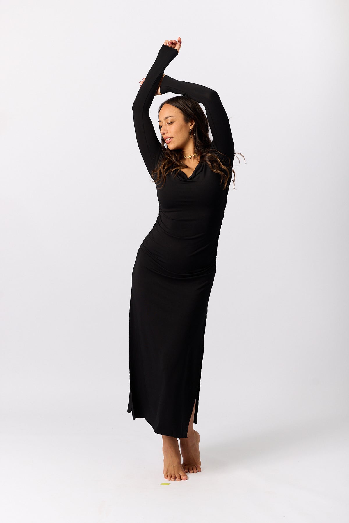 Bamboo Long Sleeve Cowl Neck Maxi Dress - Black