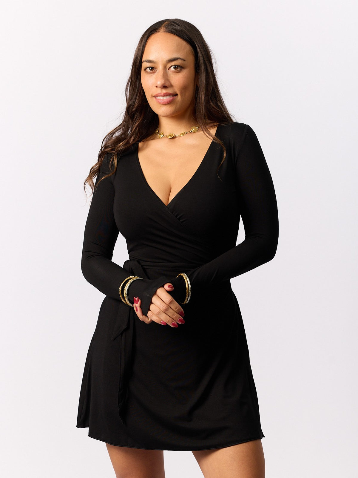 Bamboo Long Sleeve Wrap Dress - Mini - Black