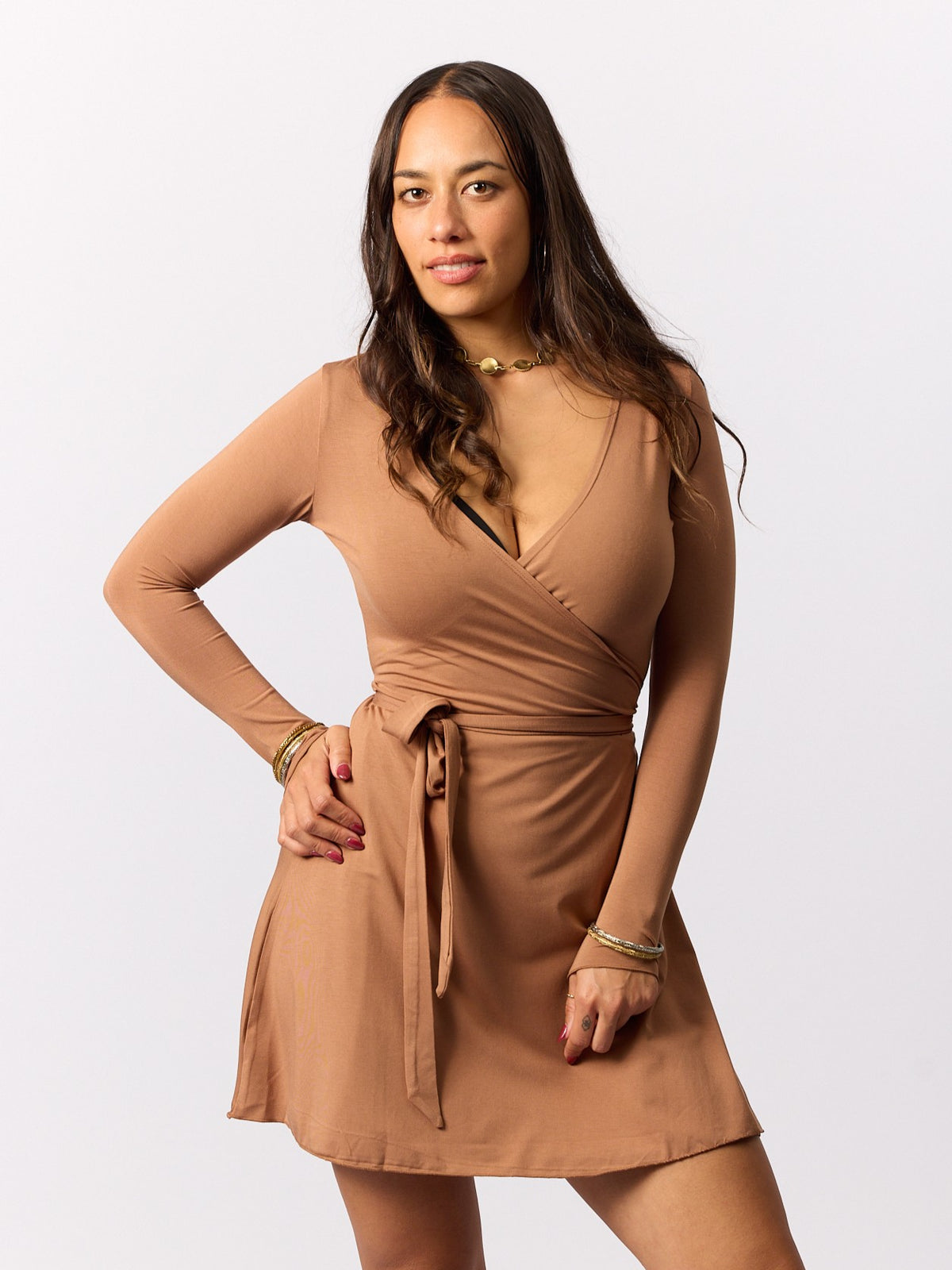 Bamboo Long Sleeve Wrap Dress - Mini - Toffee