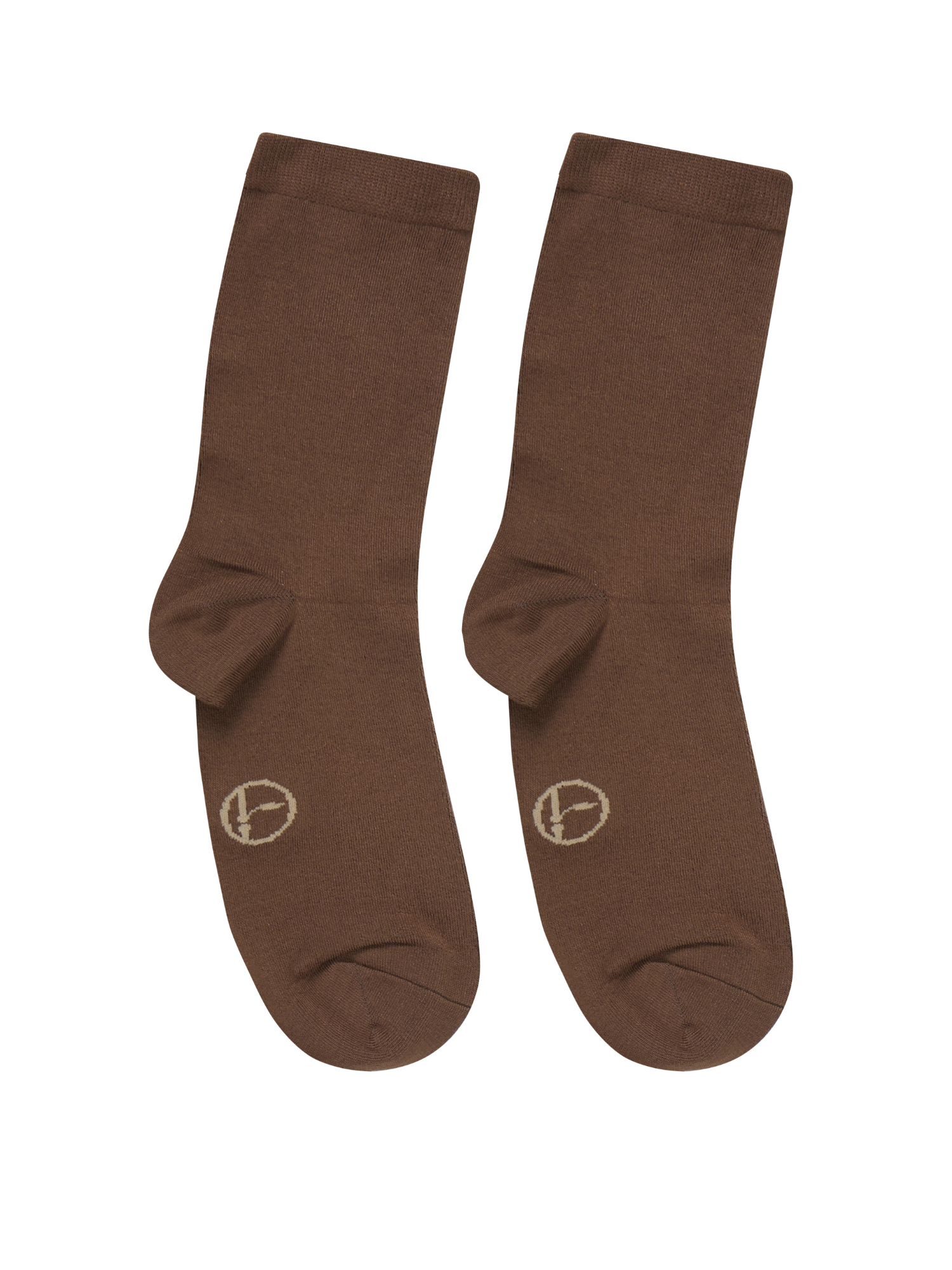 Pair of brown bamboo socks with a logo on the heel on a white background