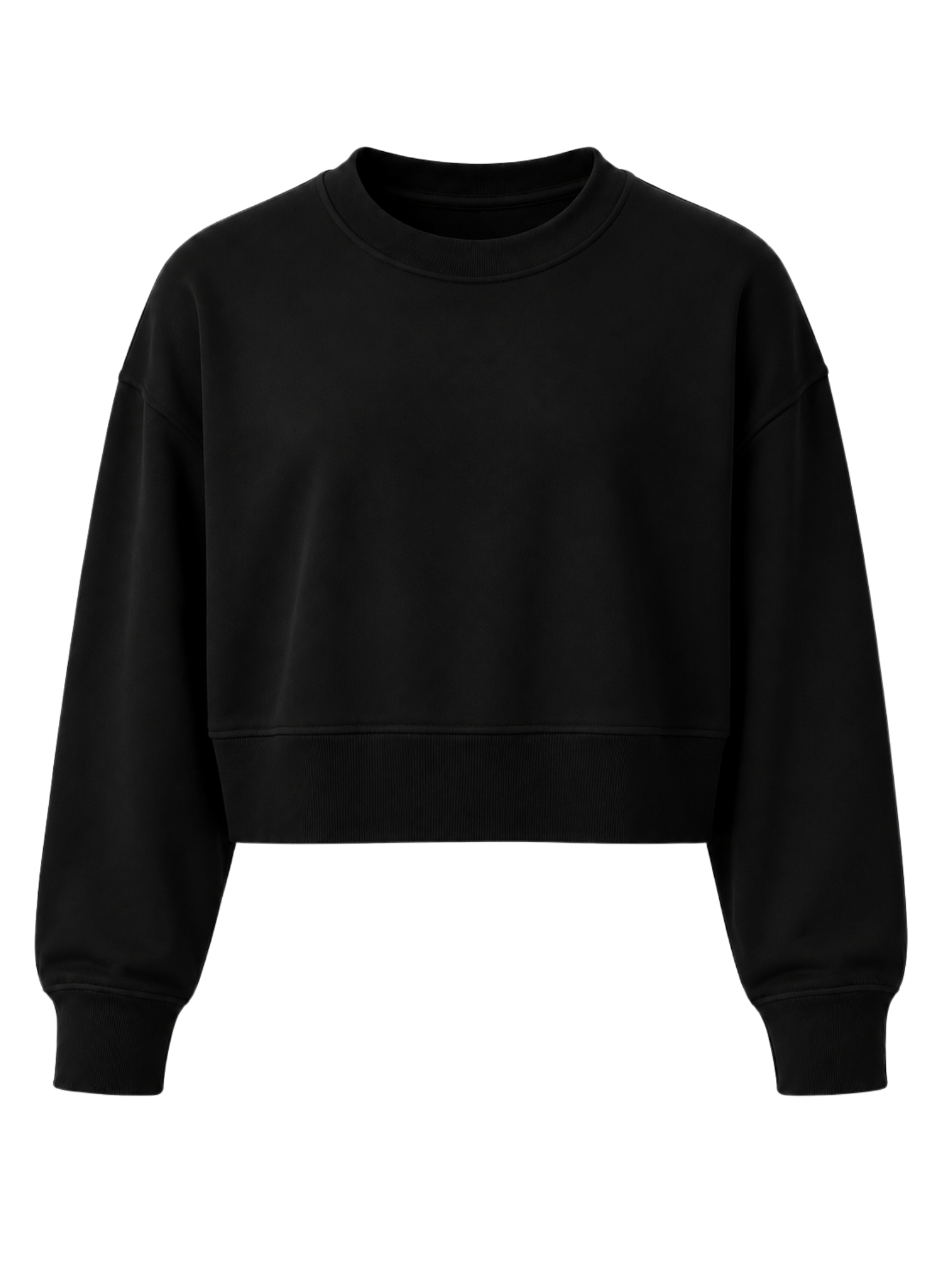 A black cropped crewneck sweatshirt with long sleeves and ribbed cuffs, shown against a plain white background.