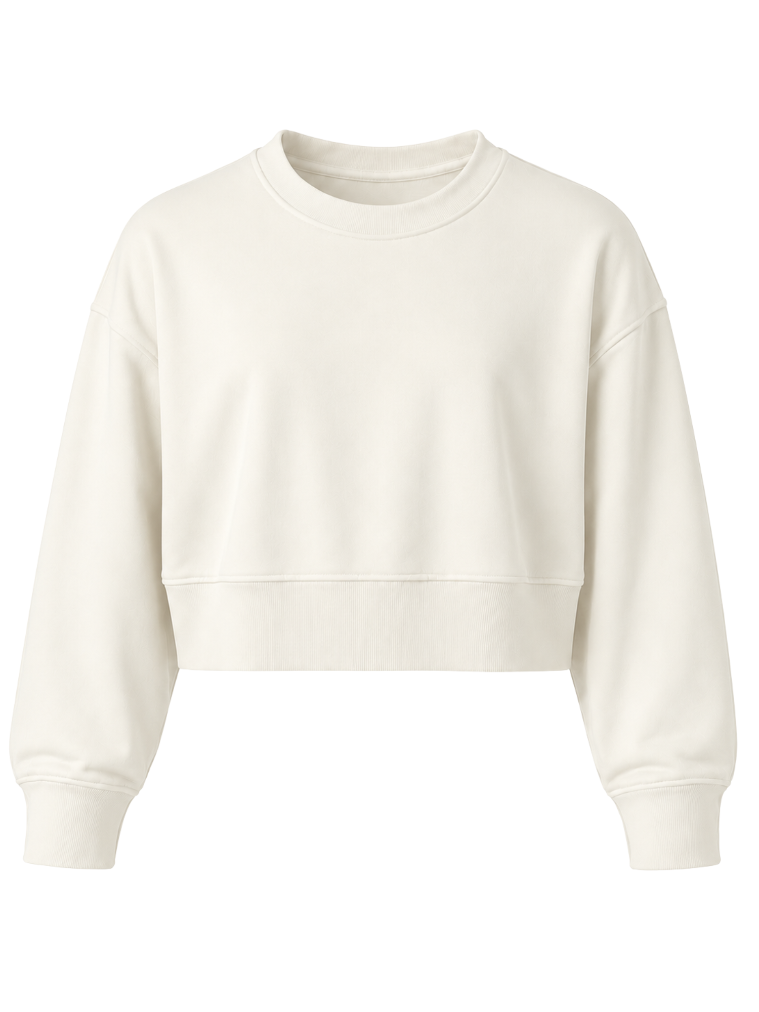 An off-white cropped crewneck sweatshirt with long sleeves and ribbed cuffs, displayed against a solid white background.