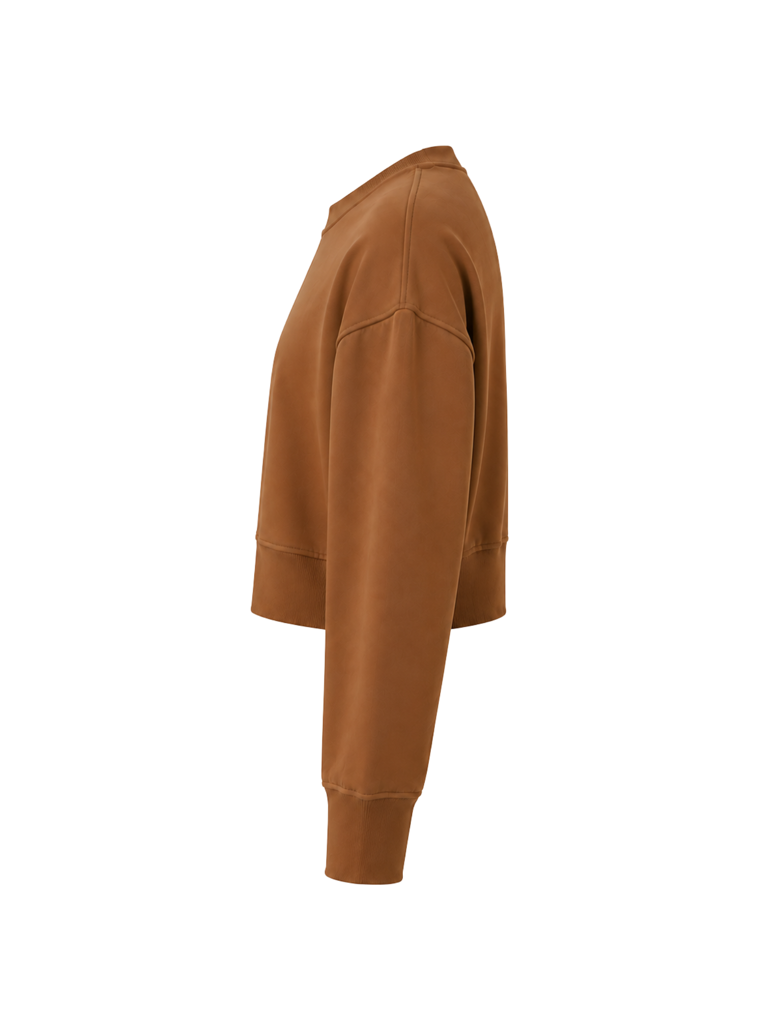 A cropped long-sleeve sweatshirt in a warm camel brown color, shown from a side profile view against a plain white background.