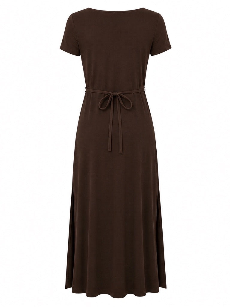 Bamboo Short Slv Scoop Neck Maxi Dress - Cocoa