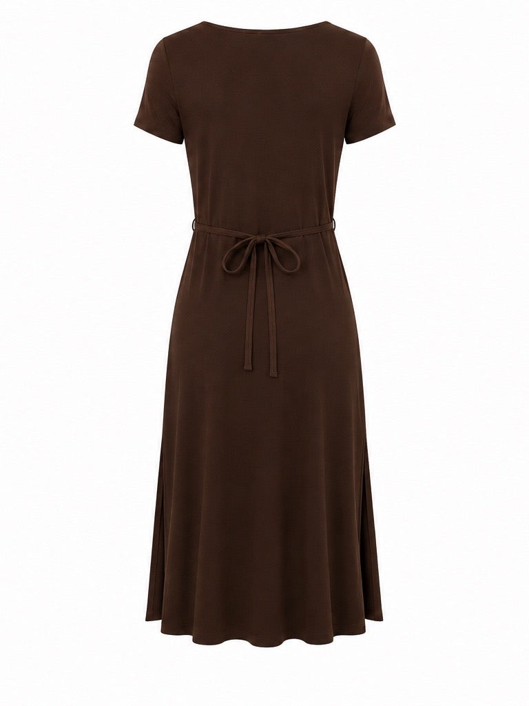 Bamboo Short Slv Scoop Neck Midi Dress - Cocoa