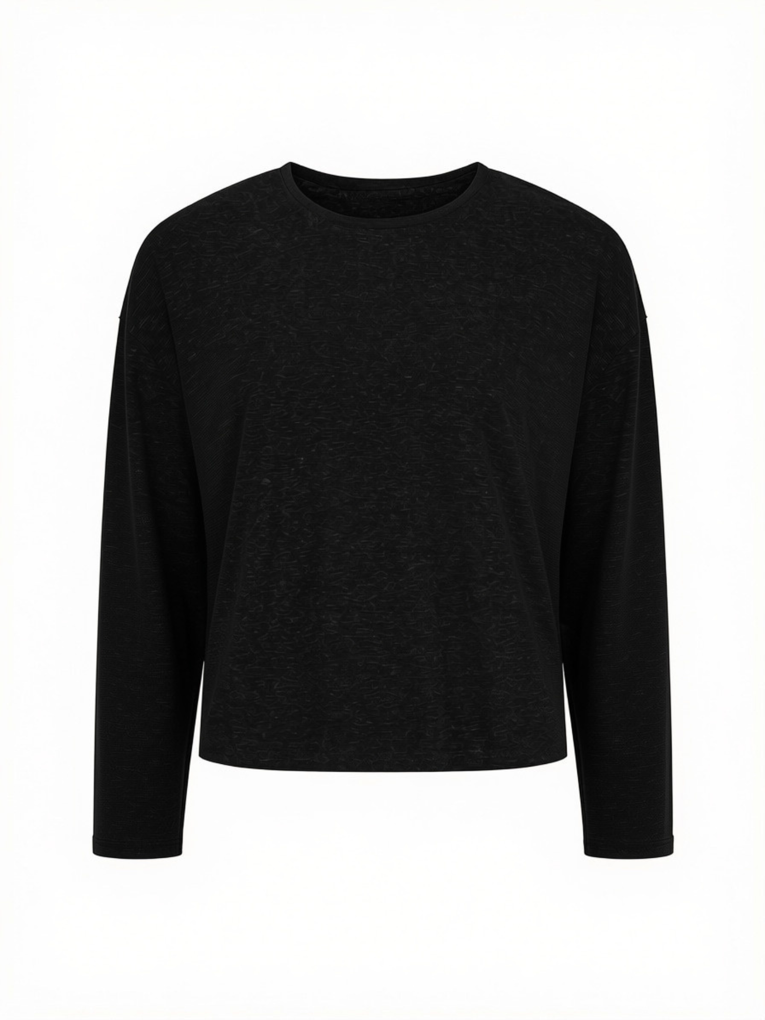 A black long-sleeve hemp bamboo top with a crew neck, displayed on a clean white background.