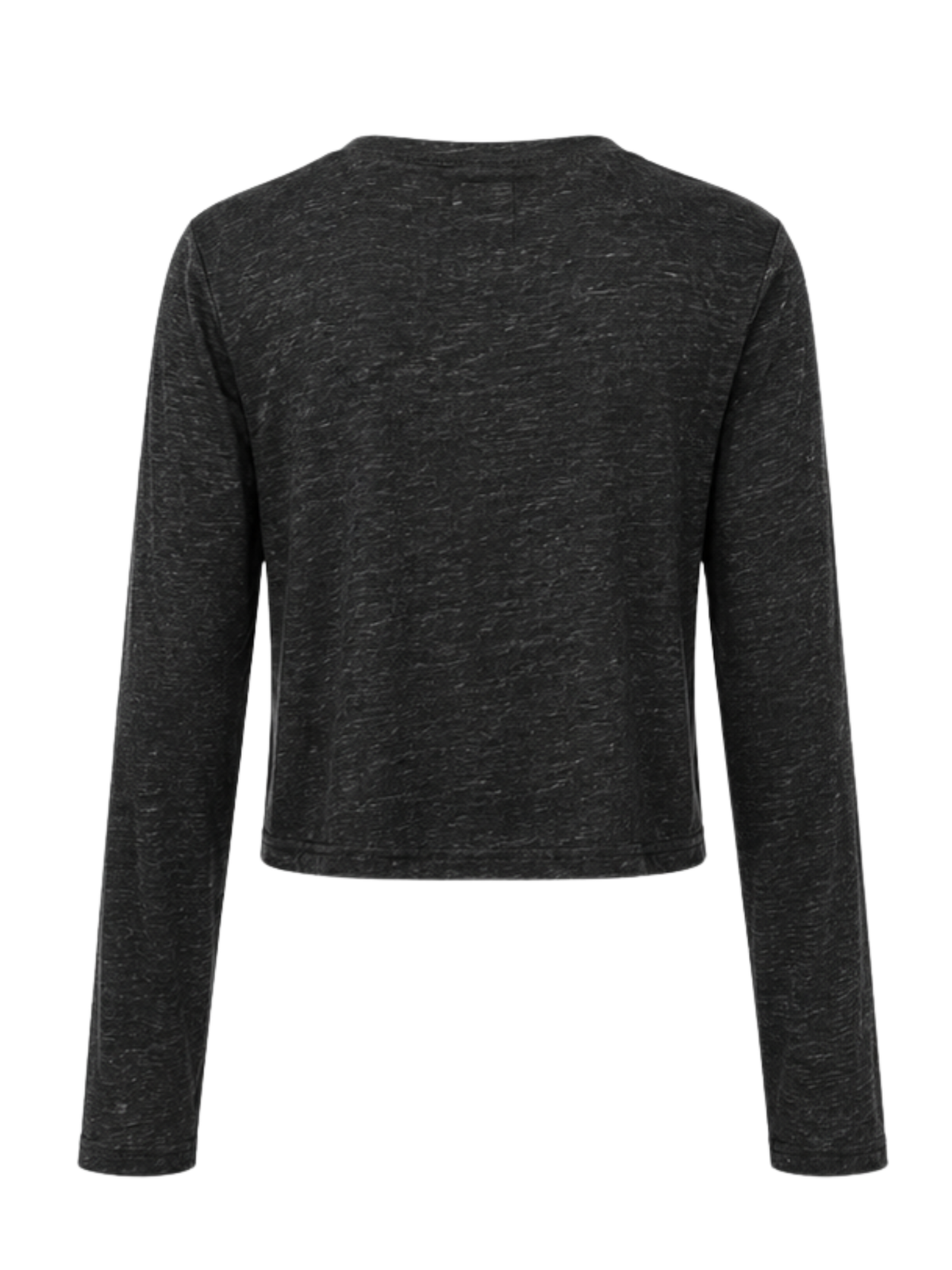 A dark charcoal black hemp bamboo long-sleeve crop top with a crew neck, displayed on a clean white background.