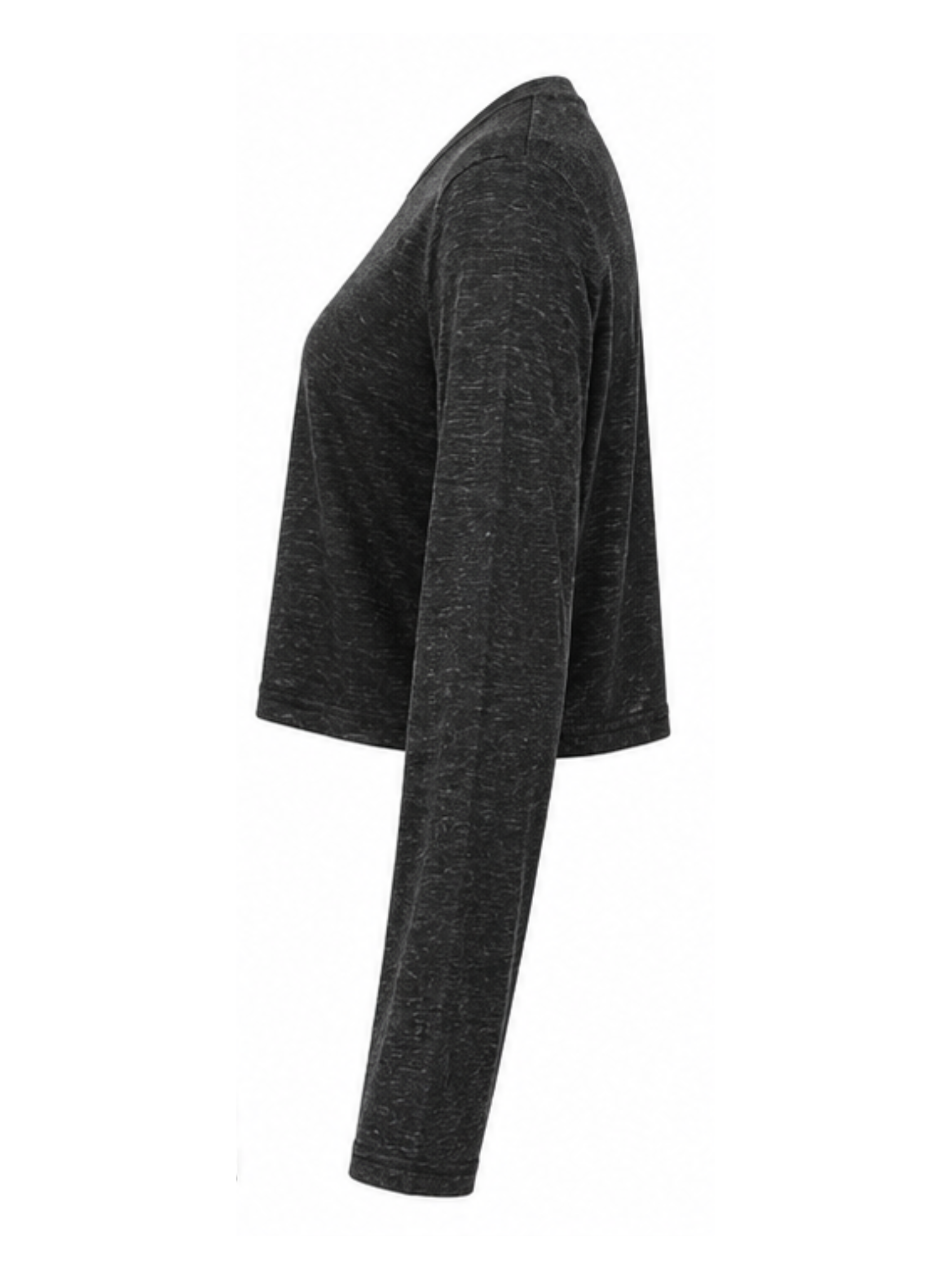 A dark charcoal black hemp bamboo long-sleeve crop top with a crew neck, displayed on a clean white background.