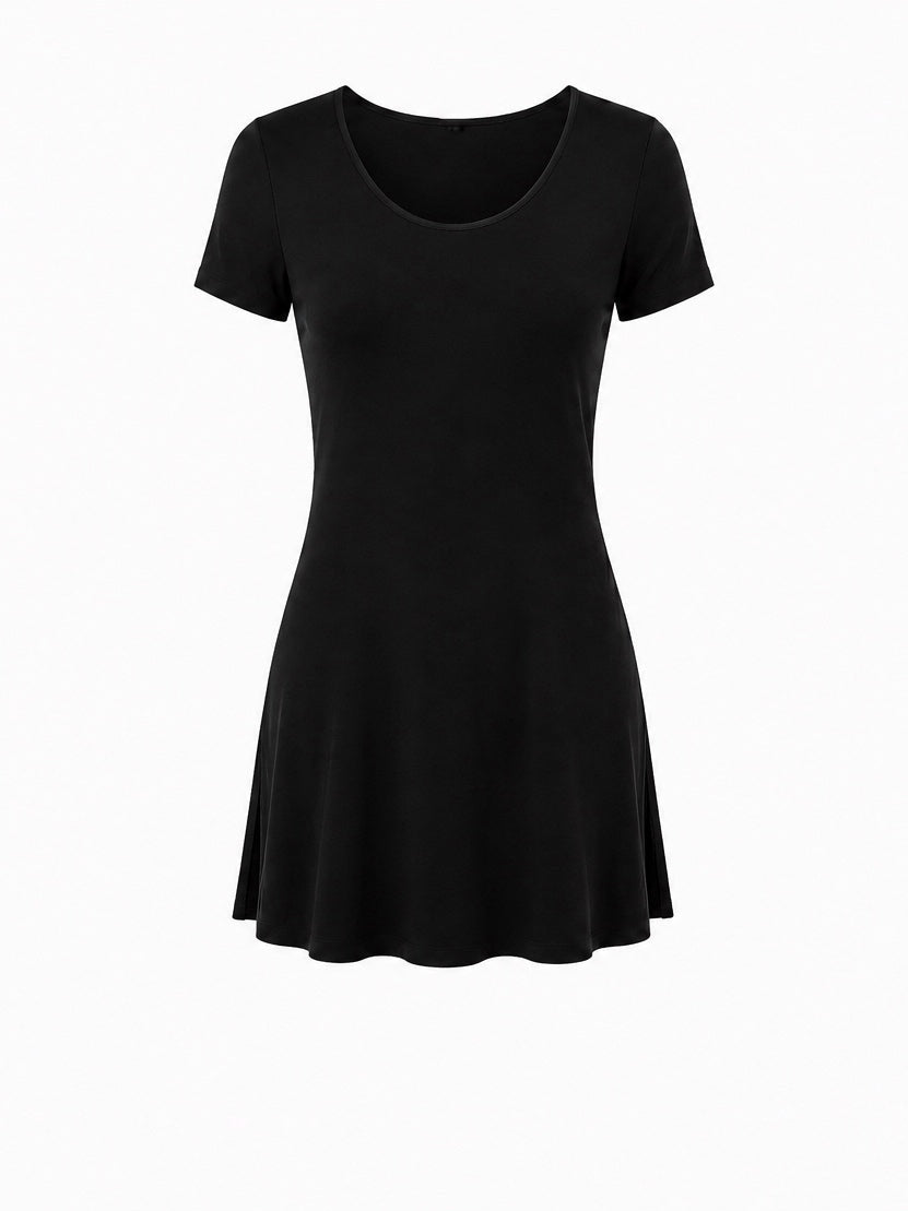 Bamboo Short Slv Scoop Neck Mini Dress - Black