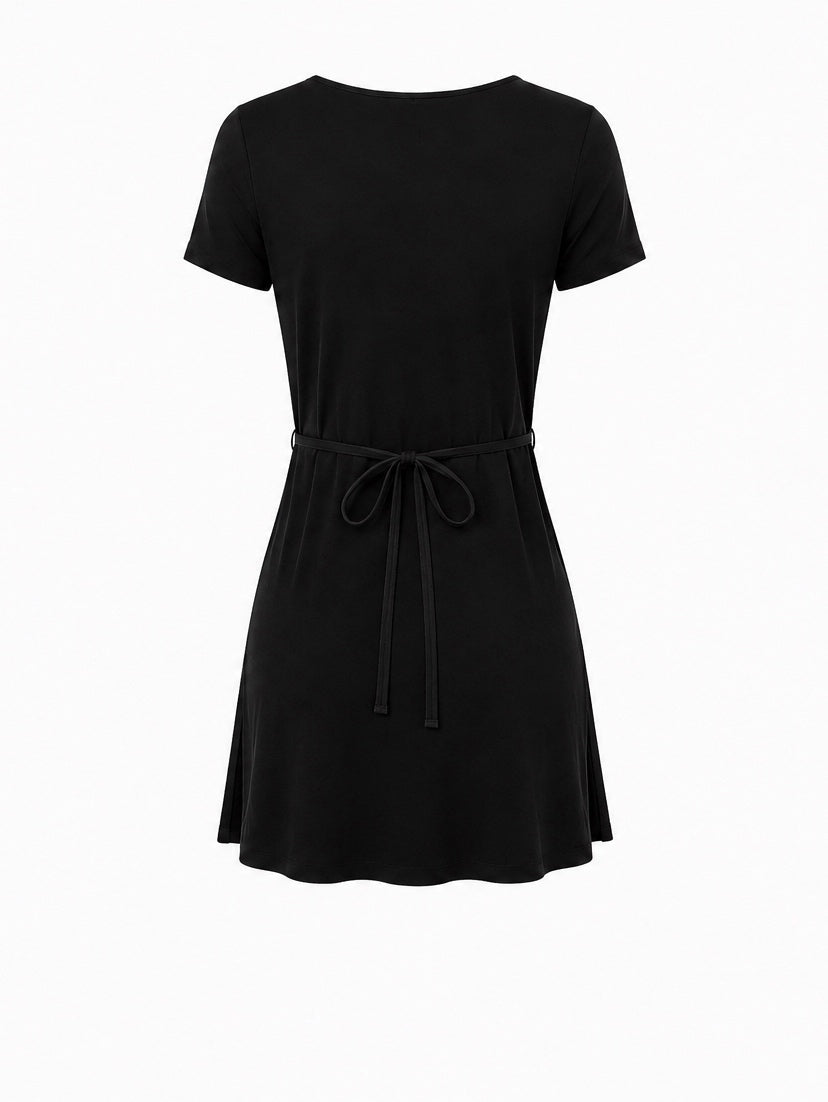 Bamboo Short Slv Scoop Neck Mini Dress - Black